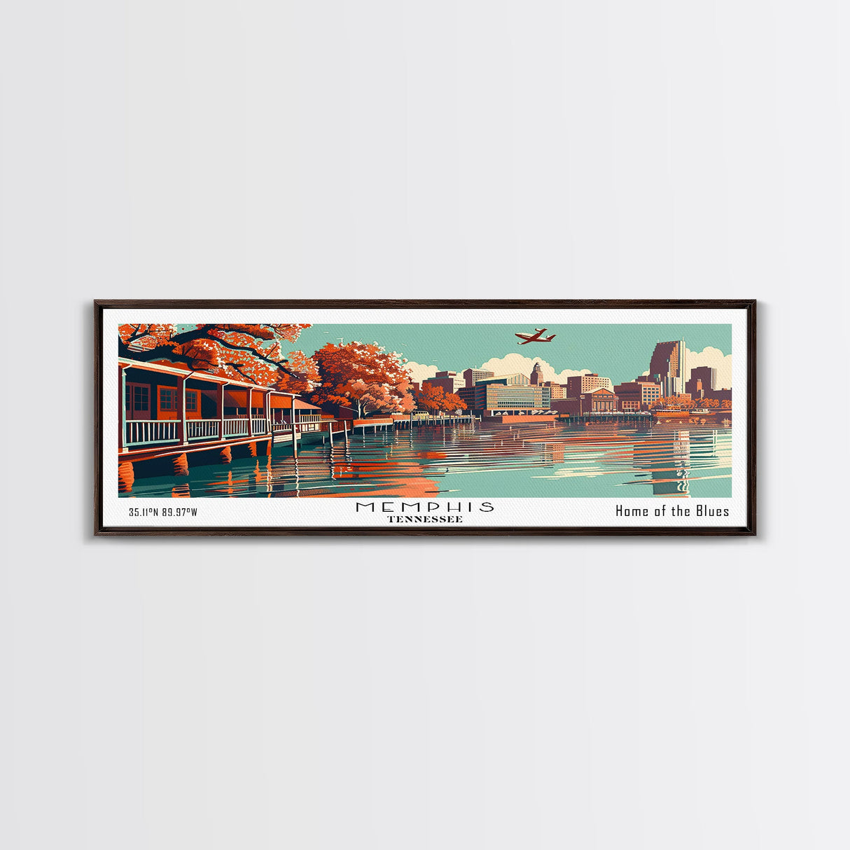 Memphis Tennessee Panoramic Wall Art, Mid Century Modern Framed Canvas Print, Retro Pop Art Travel Poster, Office Decor, Cityscape Art