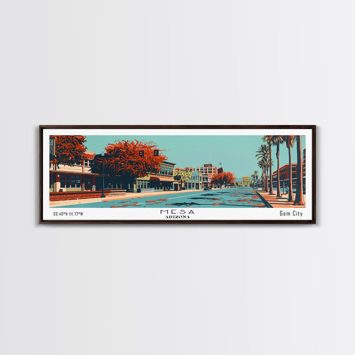 Mesa Arizona Panoramic Painting, Mid Century Modern Framed Canvas Print, Retro Pop Art Travel Poster, Living Room Decor, Gift Idea