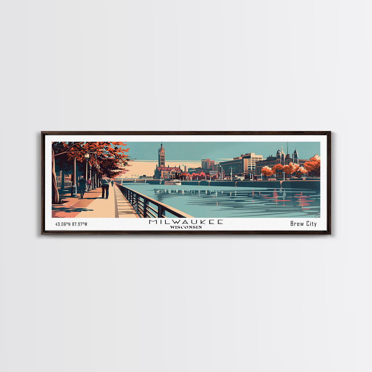 Milwaukee Wisconsin Panoramic Wall Art, Mid Century Modern Framed Canvas Print, Retro Pop Art Travel Poster, Office Decor, Living Room Art