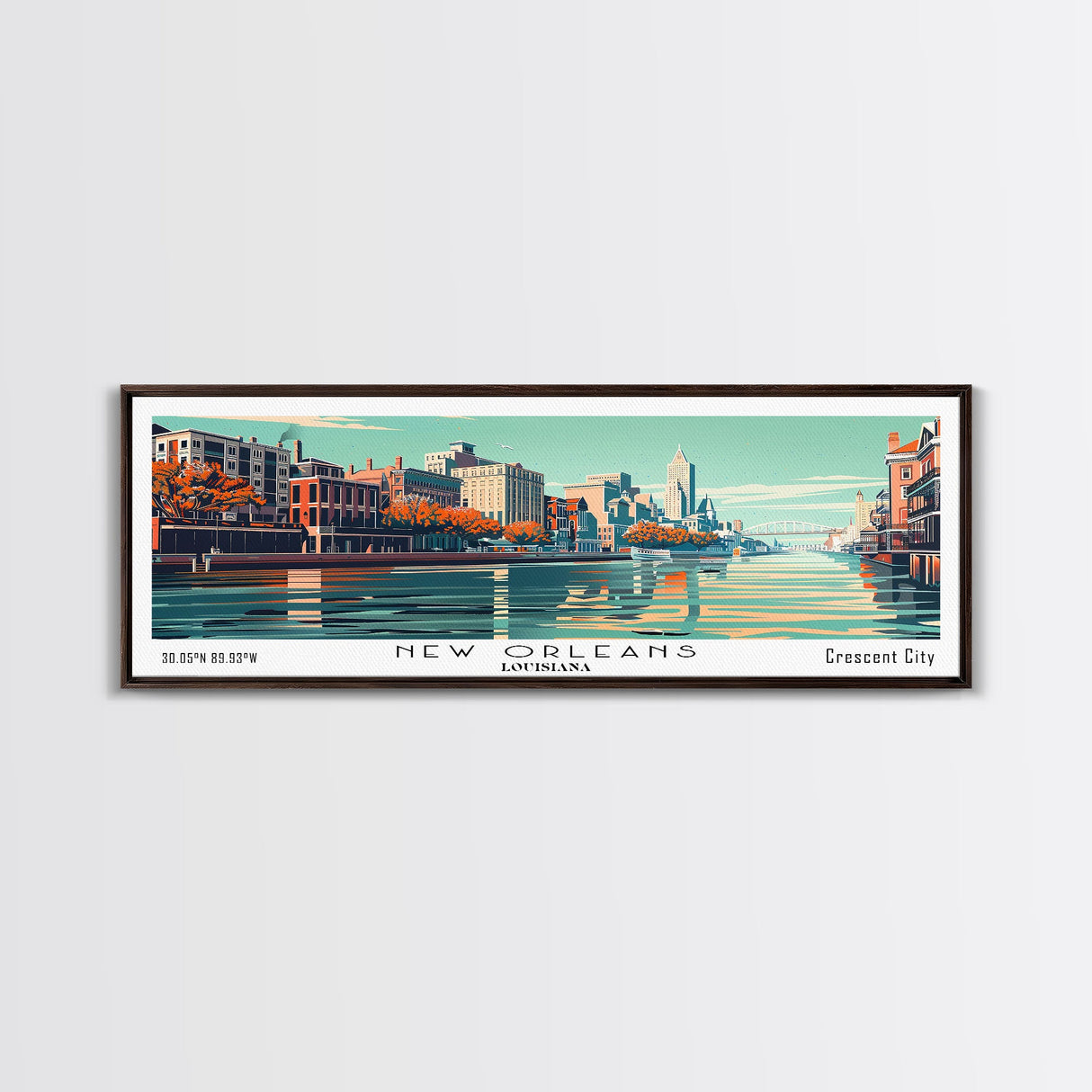 New Orleans Louisiana Panoramic Painting, Mid Century Modern Framed Canvas Print, Retro Pop Art Travel Poster, Home Decor, Living Room Art