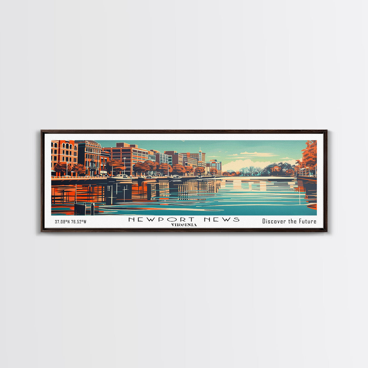 Newport News Virginia Panoramic Wall Art, Mid Century Modern Framed Canvas Print, Retro Pop Art Travel Poster, Office Decor, Cityscape Art