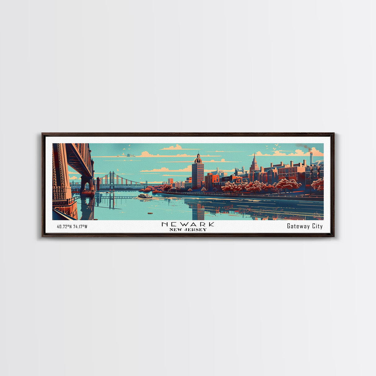 Newark New Jersey Panoramic Wall Art, Mid Century Modern Framed Canvas Print, Retro Pop Art Travel Poster, Office Decor, Gift Idea