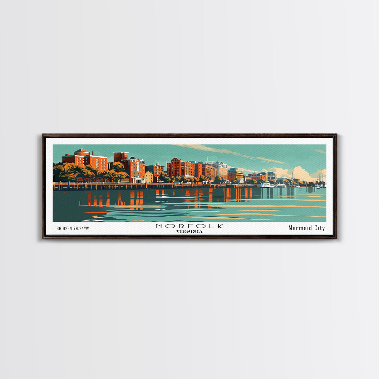 Norfolk Virginia Panoramic Painting, Mid Century Modern Framed Canvas Print, Retro Pop Art Travel Poster, Living Room Wall Decor