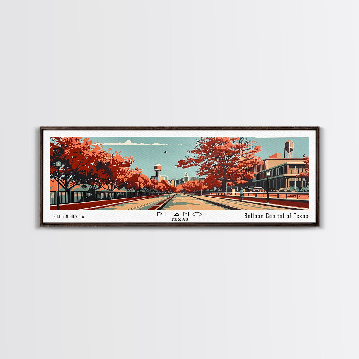 Plano Texas Panoramic Painting, Mid Century Modern Framed Canvas Print, Retro Pop Art Travel Poster, Living Room Decor, City Art