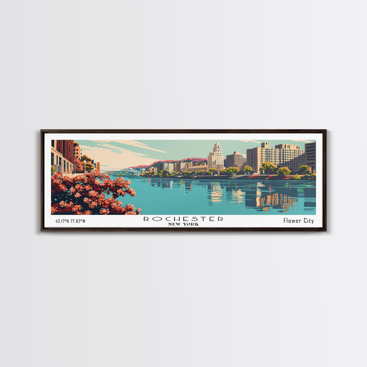 Rochester New York Panoramic Painting, Mid Century Modern Framed Canvas Print, Retro Pop Art Travel Poster, Cityscape, Home Decor, Office Wall Art