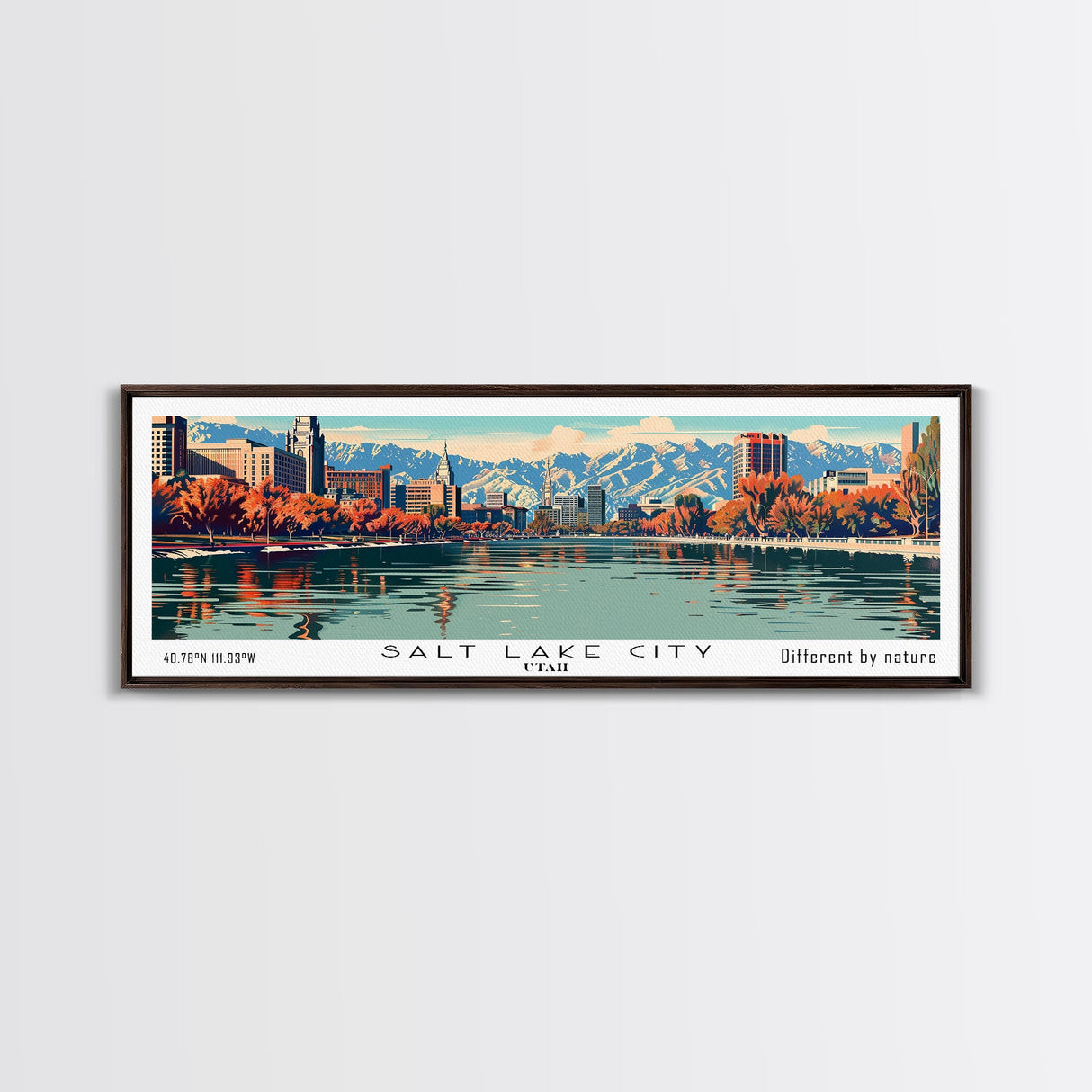 Salt Lake City Utah Panoramic Wall Art, Mid Century Modern Framed Canvas Print, Retro Pop Art Cityscape, Travel Poster, Living Room Decor