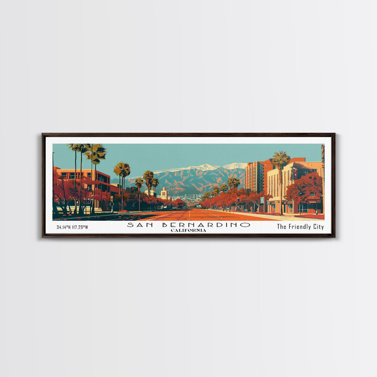 San Bernardino California Panoramic Wall Art, Mid Century Modern Framed Canvas Print, Retro Pop Art Cityscape, Travel Poster, Living Room Decor