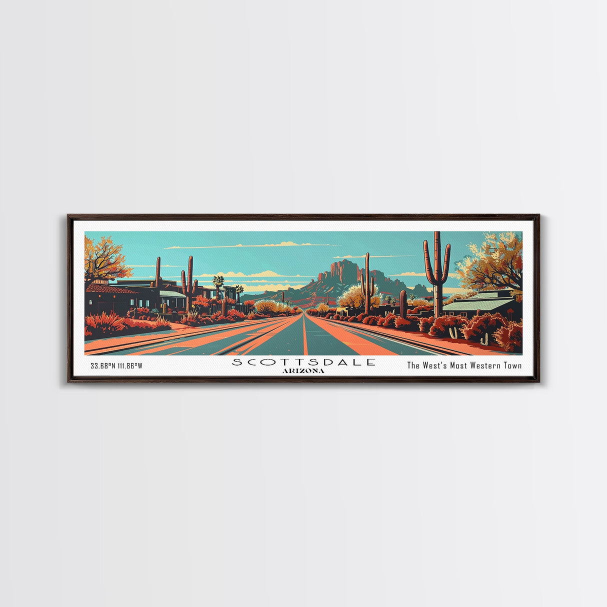 Scottsdale Arizona Panoramic Wall Art, Mid Century Modern Framed Canvas Print, Retro Pop Art Cityscape, Travel Poster, Living Room Decor