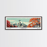 Seattle Washington Panoramic Painting, Mid Century Modern Framed Canvas Print, Retro Pop Art Travel Poster, Cityscape, Home Decor, Office Wall Art