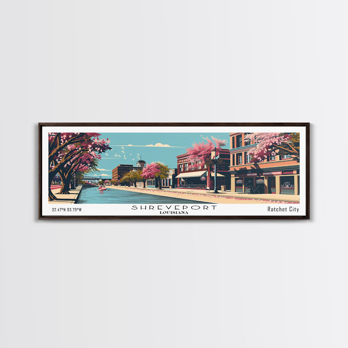 Shreveport Louisiana Panoramic Wall Art, Mid Century Modern Framed Canvas Print, Retro Pop Art Cityscape, Travel Poster, Living Room Decor