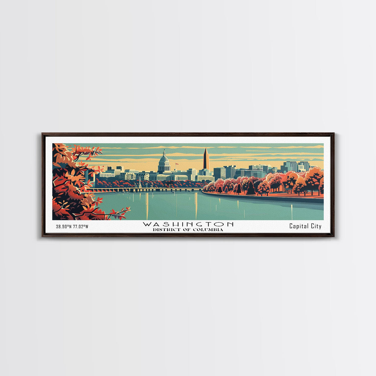 Washington DC Panoramic Wall Art, Mid Century Modern Framed Canvas Print, Retro Pop Art Travel Poster, Cityscape Decor, Office Wall Art