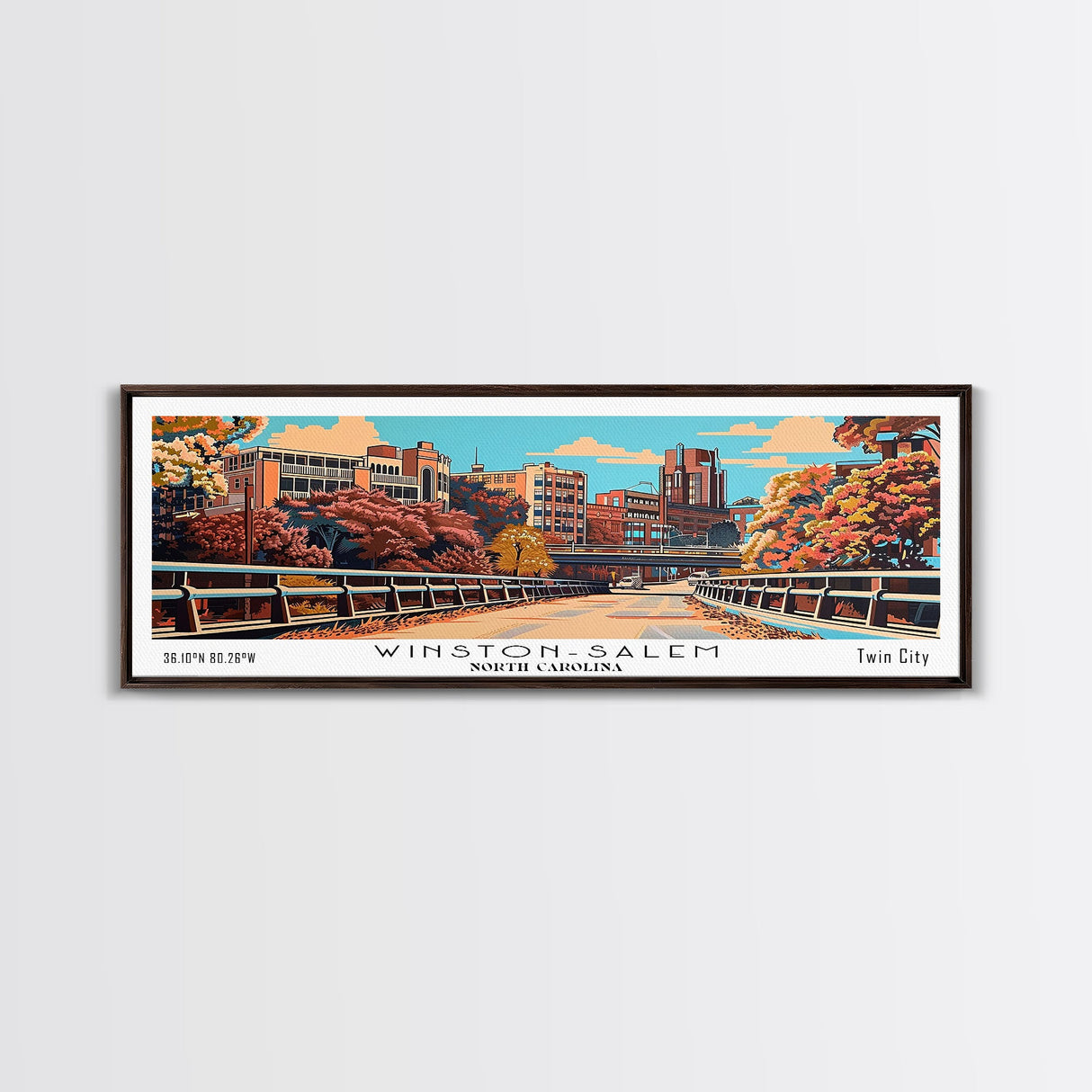 Winston-Salem North Carolina Panoramic Wall Art, Mid Century Modern Framed Canvas Print, Retro Pop Art Travel Poster, Cityscape Decor, Office Wall Art