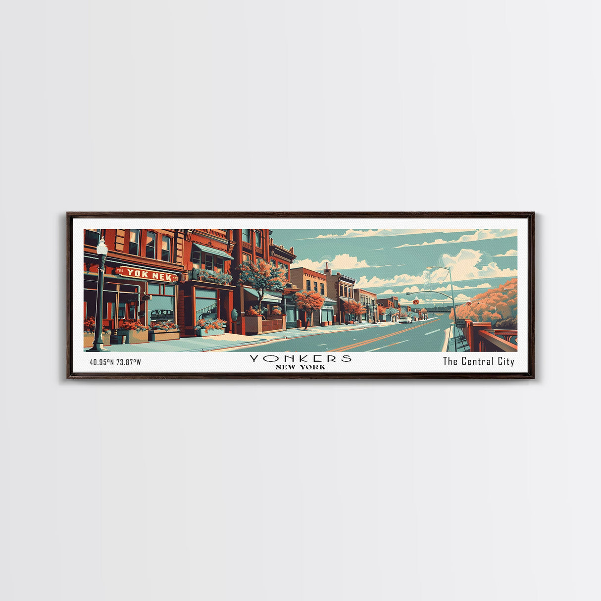 Yonkers New York Panoramic Wall Art, Mid Century Modern Framed Canvas Print, Retro Pop Art Travel Poster, Cityscape Decor, Office Wall Art