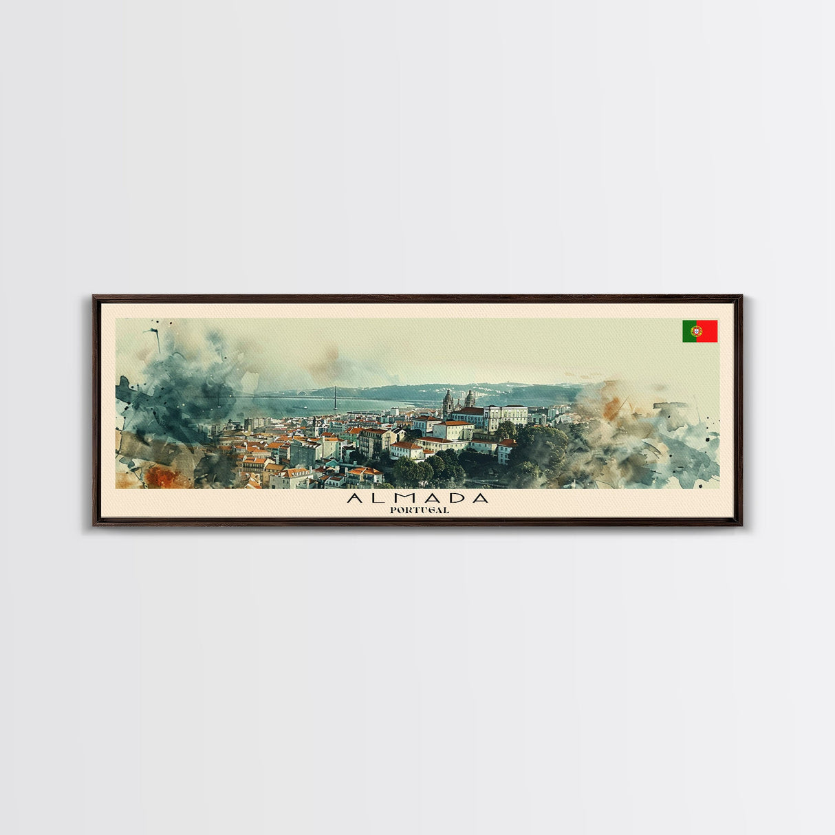 Almada Portugal Travel Art, City Art, Framed Canvas Print or Metal Wall Art, Europe Travel Poster, Panoramic Wall Art, Extra Wide Wall Art