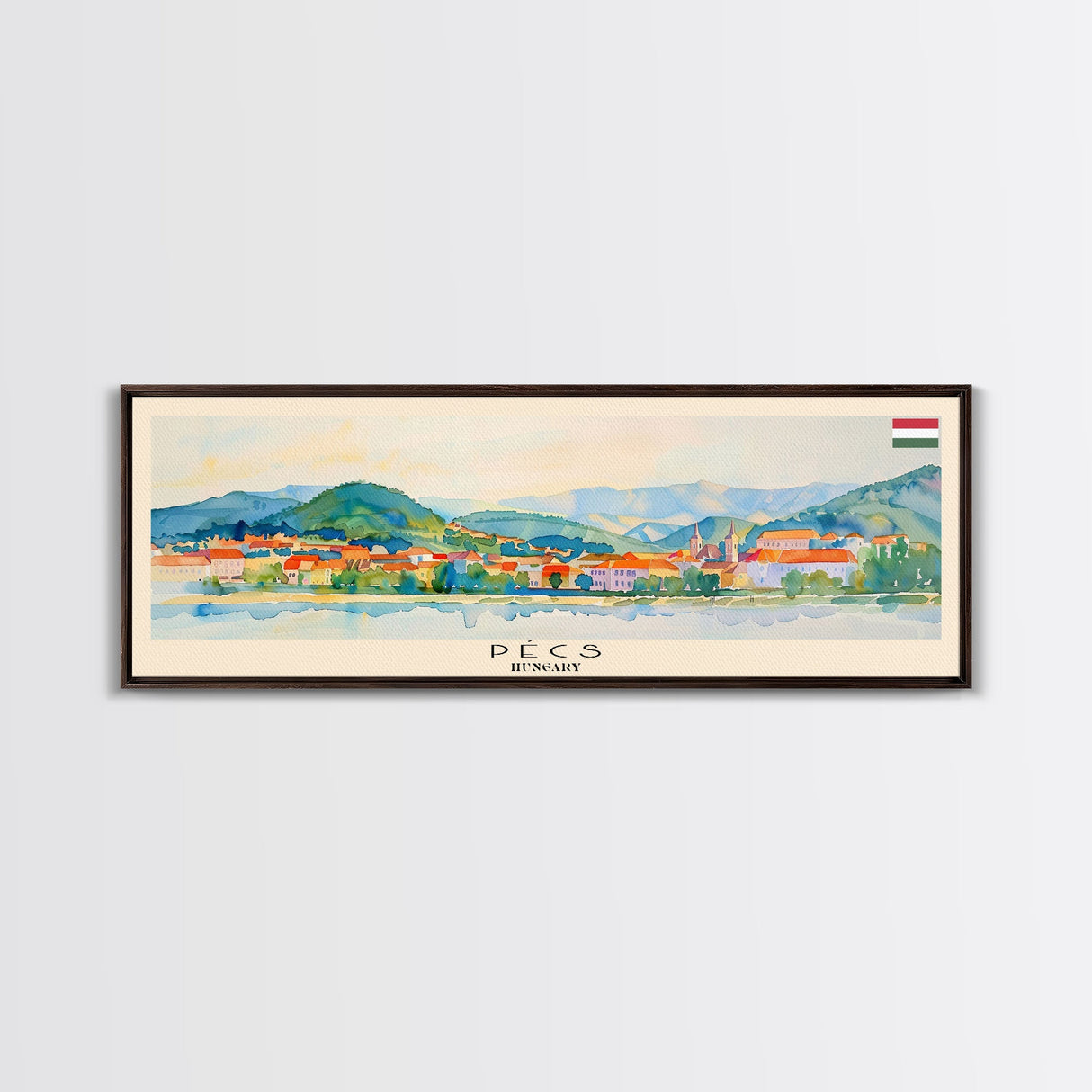 Pécs Hungary Panoramic Travel Poster, Framed Canvas Print or Metal Wall Art, Travel Art, Home Decor, Panoramic Painting, Midcentury Art