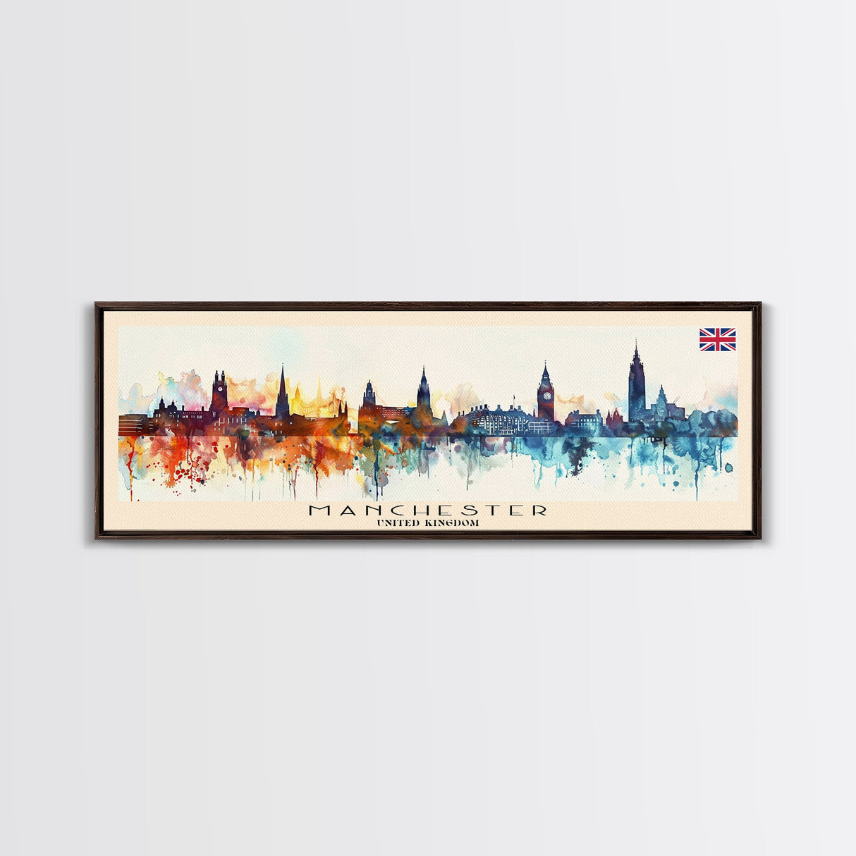 Manchester United Kingdom Panoramic Travel Poster, Framed Canvas Print or Metal Wall Art, Travel Art, Home Decor, Panoramic Painting, Midcentury Art