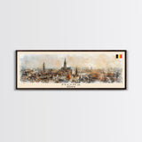 Mons Belgium Panoramic Travel Poster, Framed Canvas Print or Metal Wall Art, Travel Art, Home Decor, Panoramic Painting, Midcentury Art