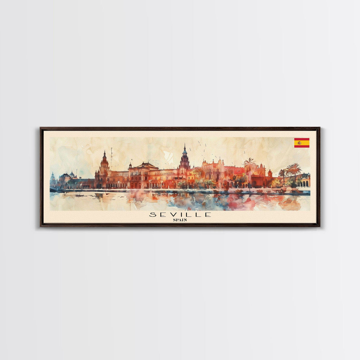 Seville Spain Panoramic Travel Poster, Framed Canvas Print or Metal Wall Art, Travel Art, Home Decor, Panoramic Painting, Midcentury Art