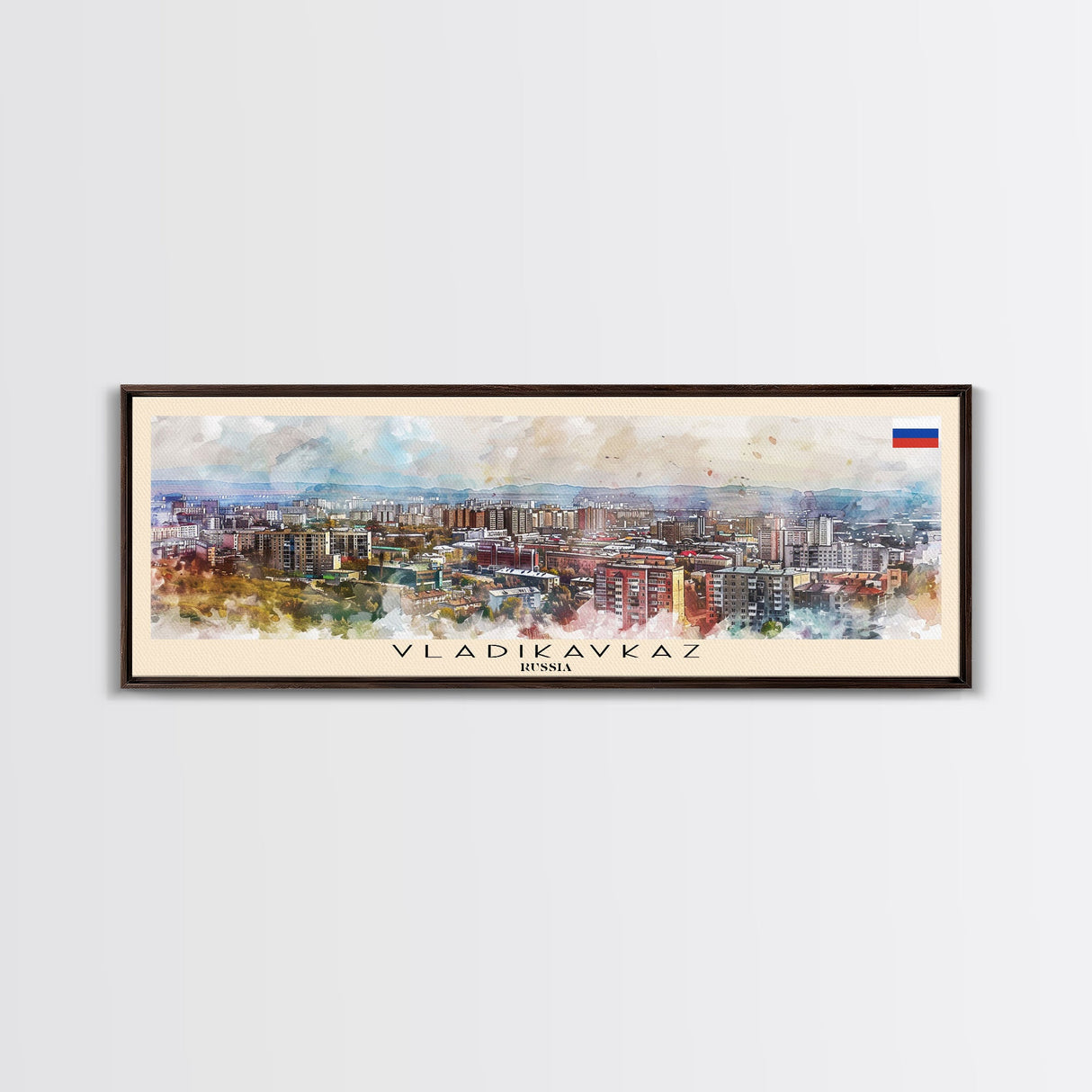 Vladikavkaz Russia Panoramic Travel Poster, Framed Canvas Print or Metal Wall Art, Travel Art, Home Decor, Panoramic Painting, Midcentury Art