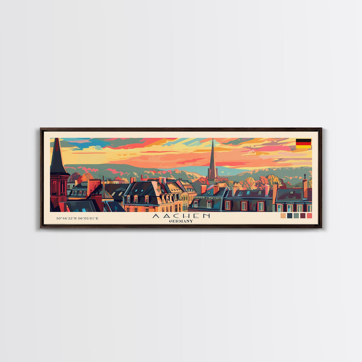 Aachen Germany  Panoramic Travel Poster, Framed Canvas Print or Metal Wall Art, Travel Art, Home Decor, Panoramic Painting, Midcentury Art