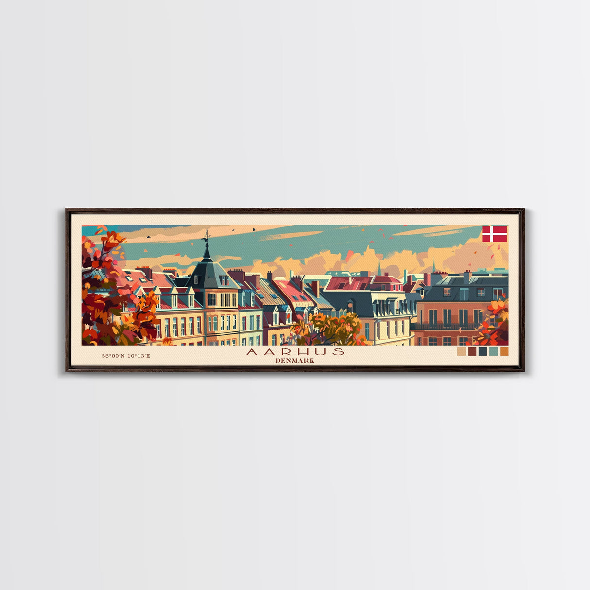 Aarhus Denmark  Panoramic Travel Poster, Framed Canvas Print or Metal Wall Art, Travel Art, Home Decor, Panoramic Painting, Midcentury Art