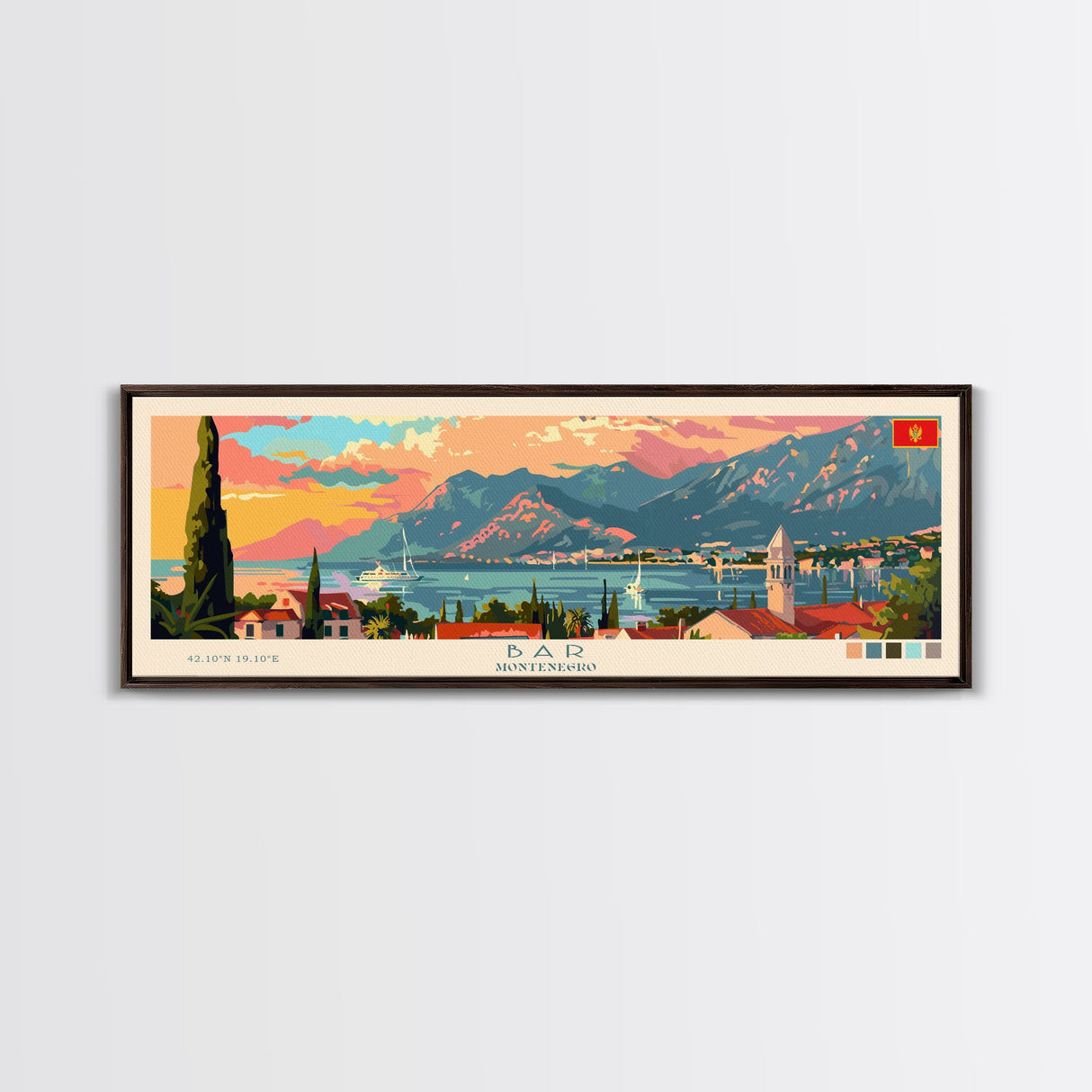 Bar Montenegro Panoramic Travel Poster, Framed Canvas Print or Metal Wall Art, Travel Art, Home Decor, Panoramic Painting, Midcentury Art