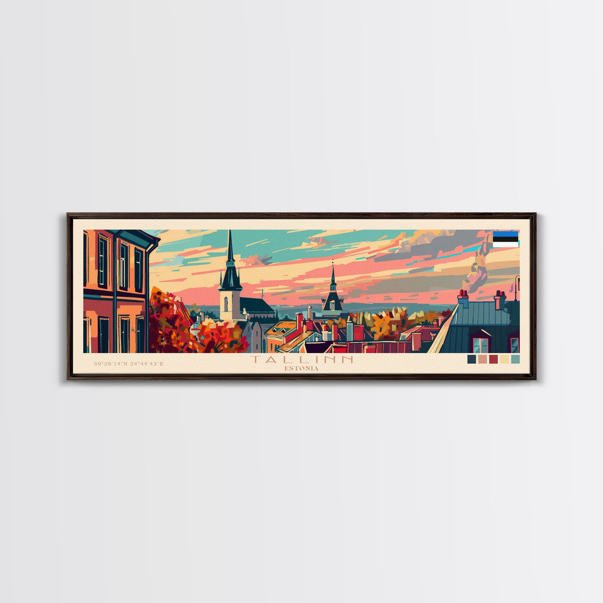 Tallinn Estonia Panoramic Travel Poster, Framed Canvas Print or Metal Wall Art, Travel Art, Home Decor, Panoramic Painting, Midcentury Art