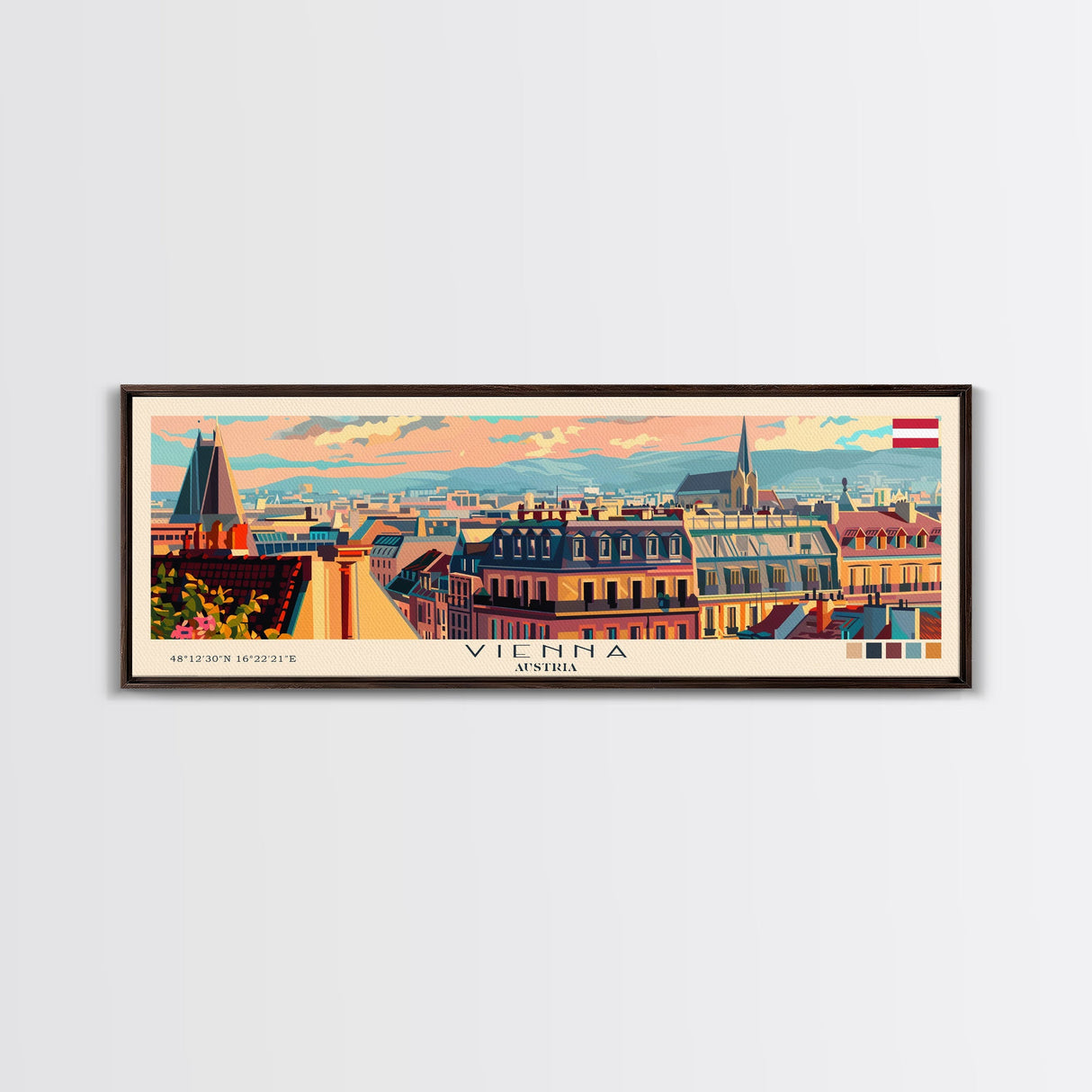 Vienna Austria Panoramic Travel Poster, Framed Canvas Print or Metal Wall Art, Travel Art, Home Decor, Panoramic Painting, Midcentury Art