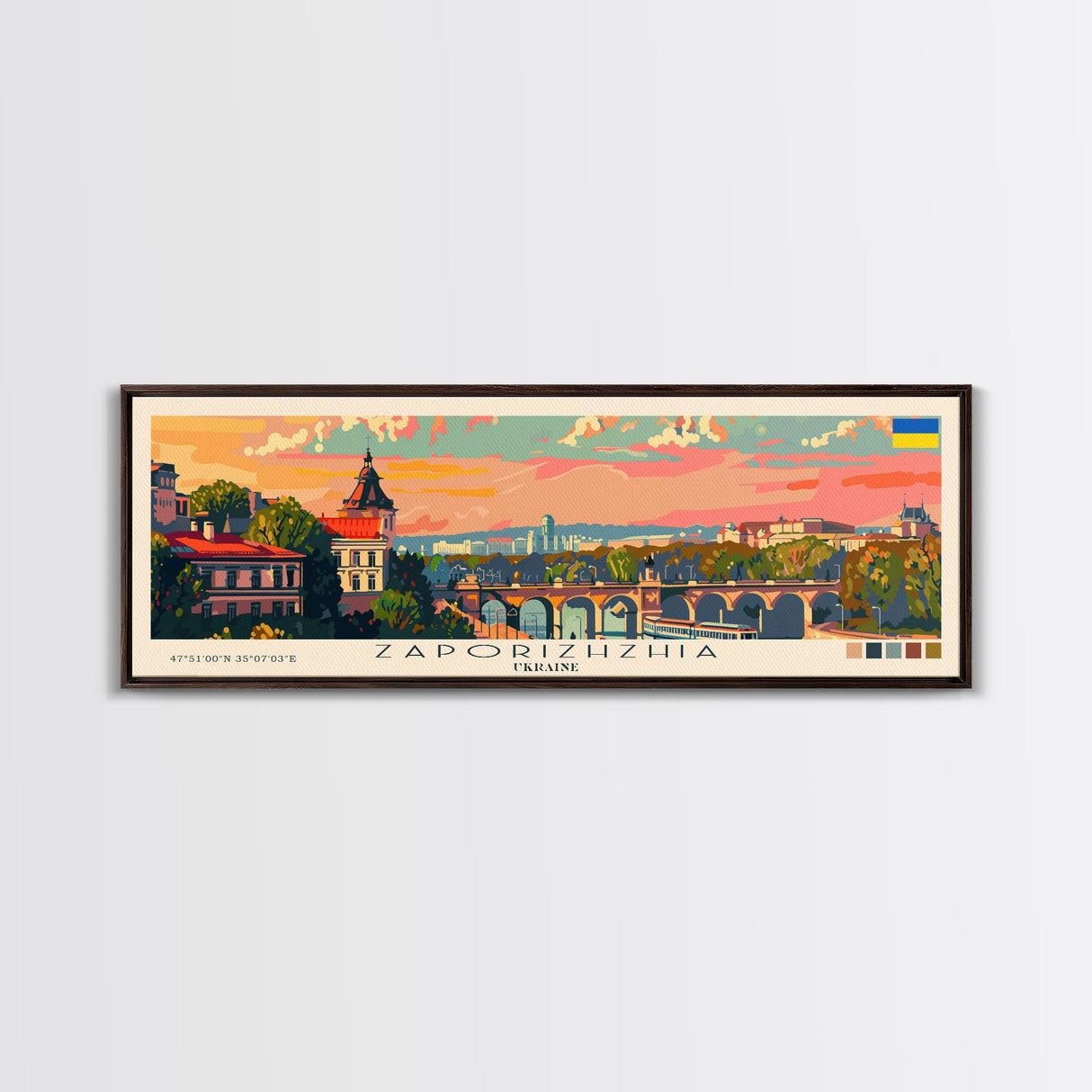 Zaporizhzhia Ukraine Panoramic Travel Poster, Framed Canvas Print or Metal Wall Art, Travel Art, Home Decor, Panoramic Painting, Midcentury Art