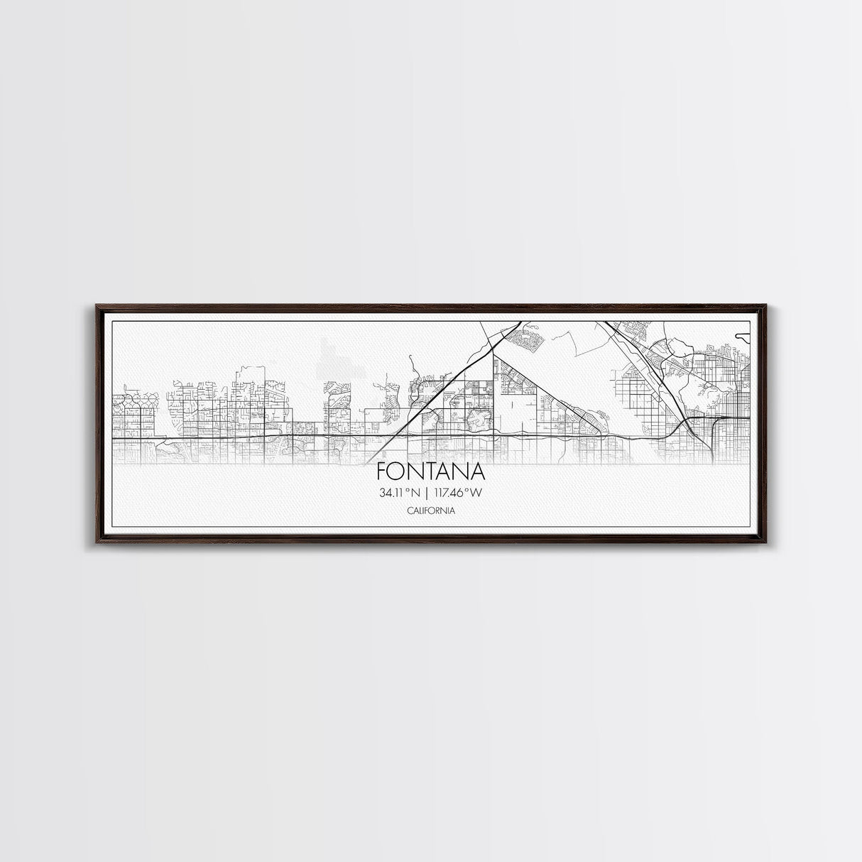 Panoramic Fontana City Map, California Art, Map Print, Minimalist Wall Art, Canvas Art, Housewarming Gift, Street Map Art, Closing Gift