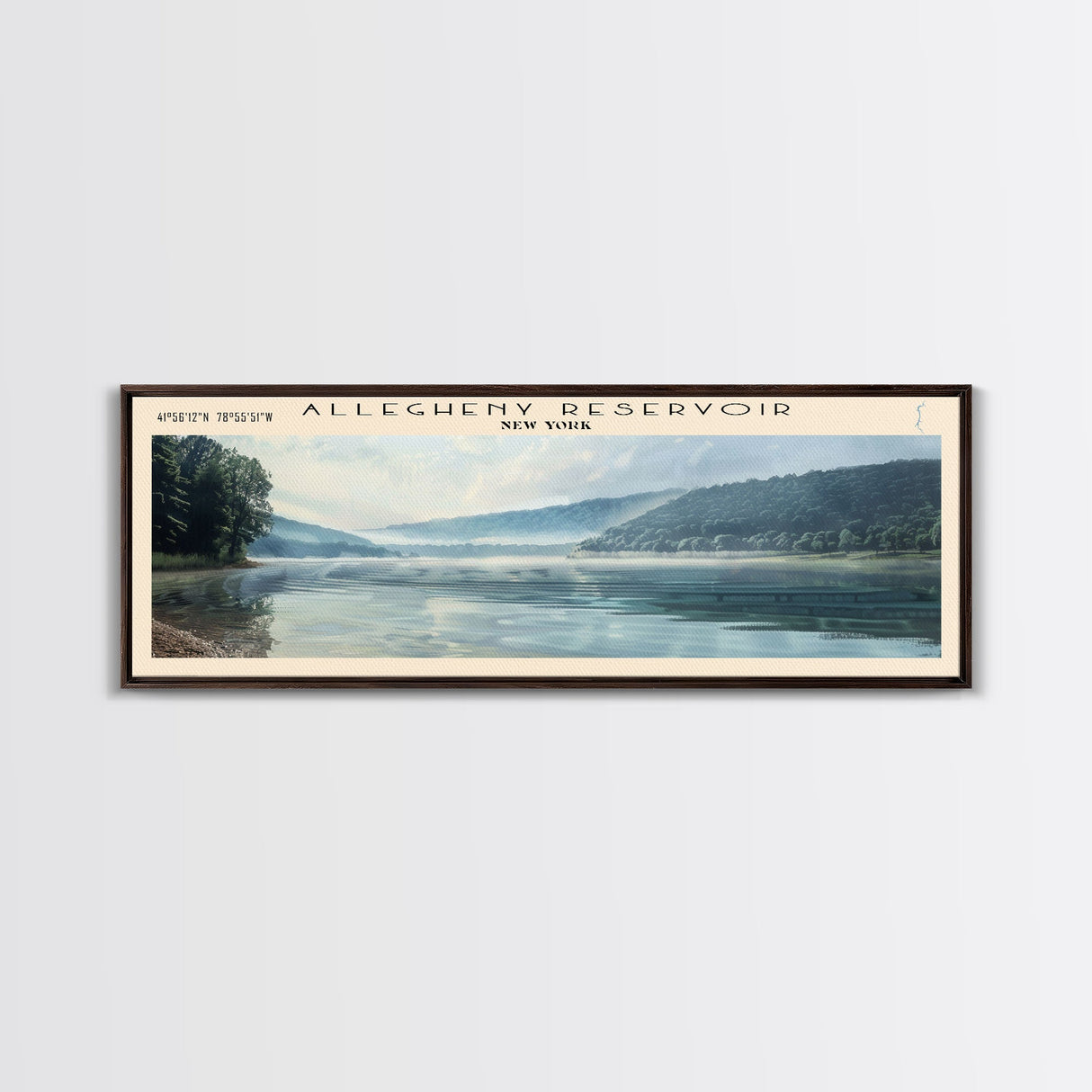 Allegheny Reservoir New York Panoramic Framed Canvas Print, Lake House Decor, Abstract Landscape, Travel Poster, Modern Wall Art, Calm Waters