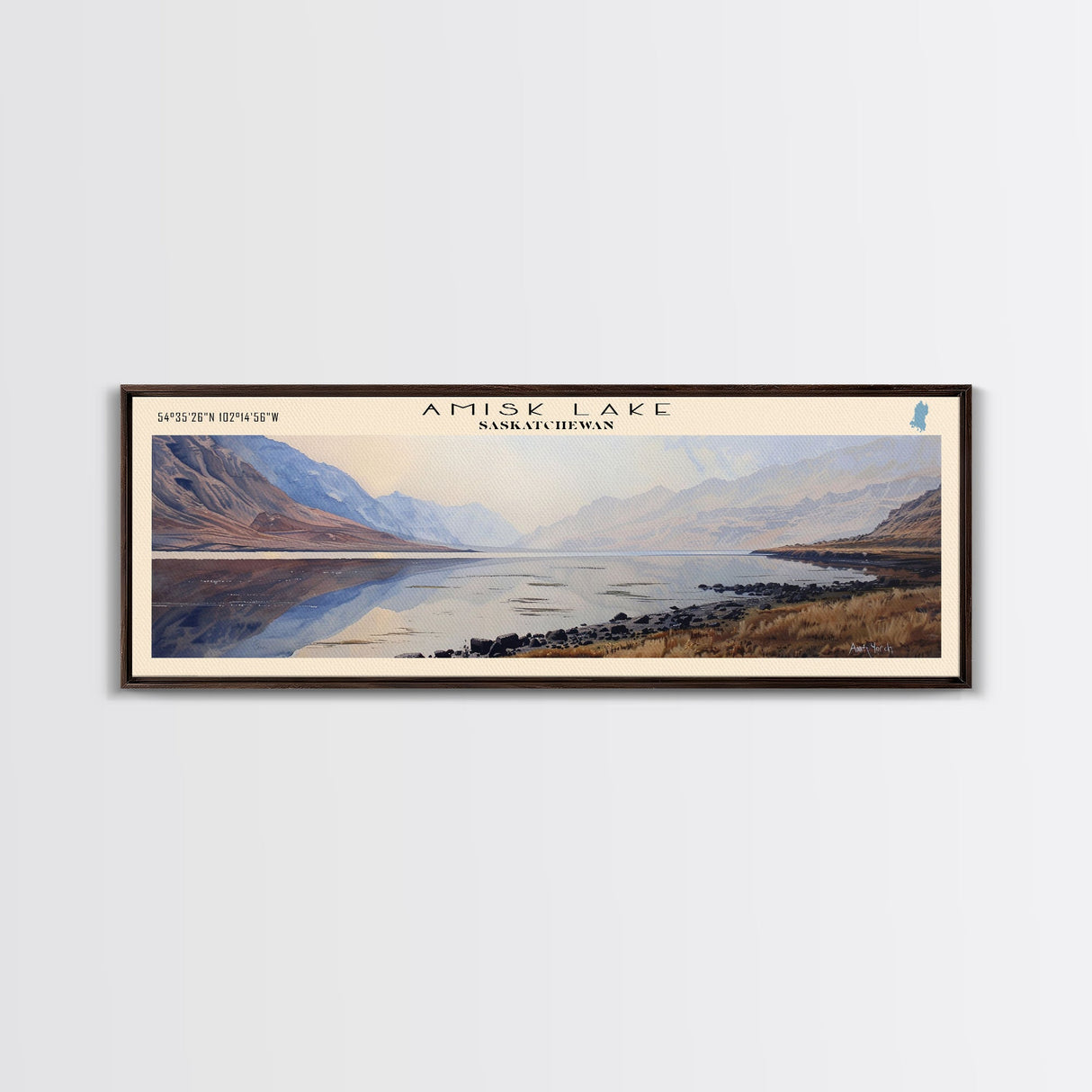 Amisk Lake Panoramic Framed Canvas Print, Lake House Art, Vintage Style, Travel Poster, Nature Scene, Scenic Artwork