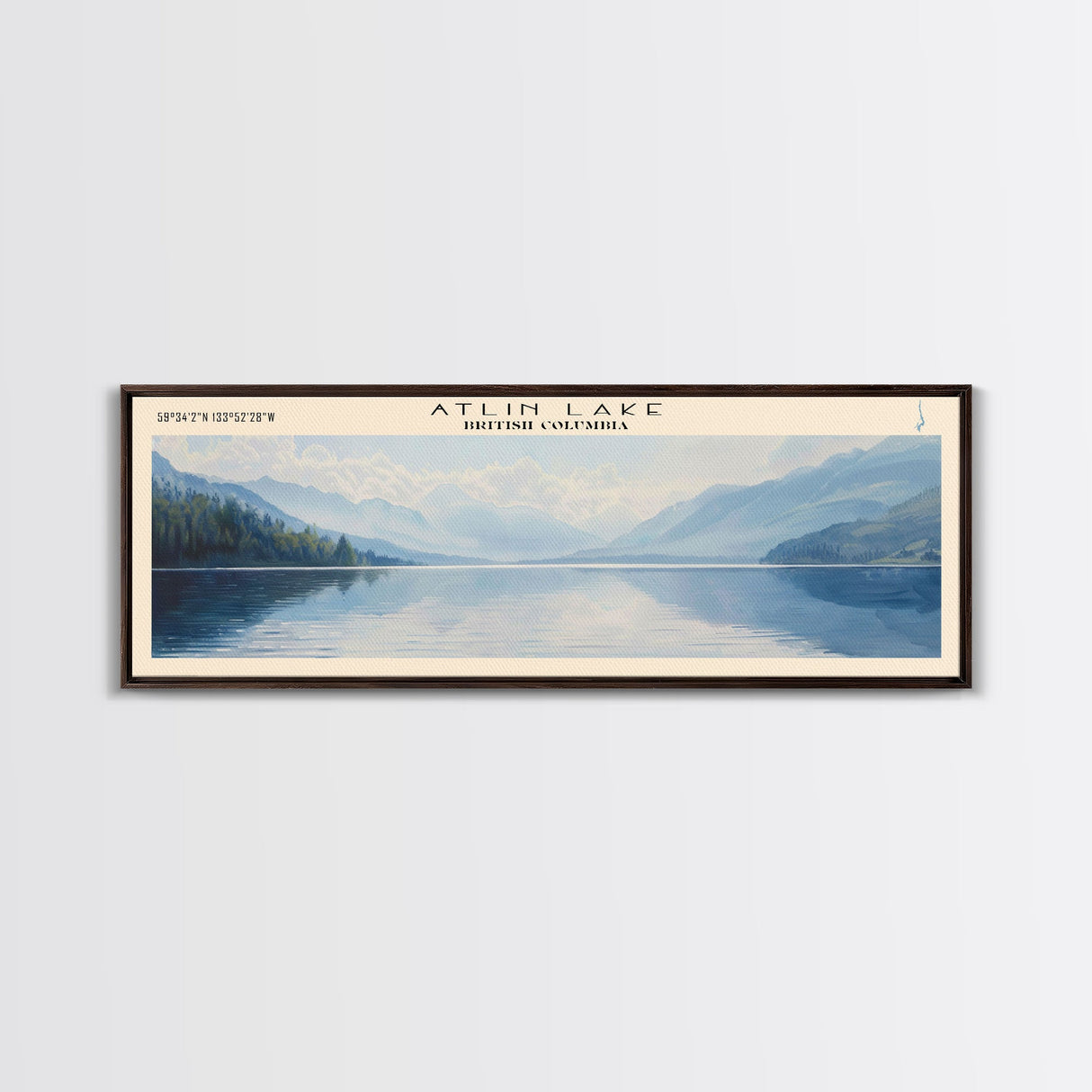 Atlin Lake Panoramic Framed Canvas Print, Lake House Decor, Minimalist Art, Travel Poster, Scenic View, Nature Wall Art