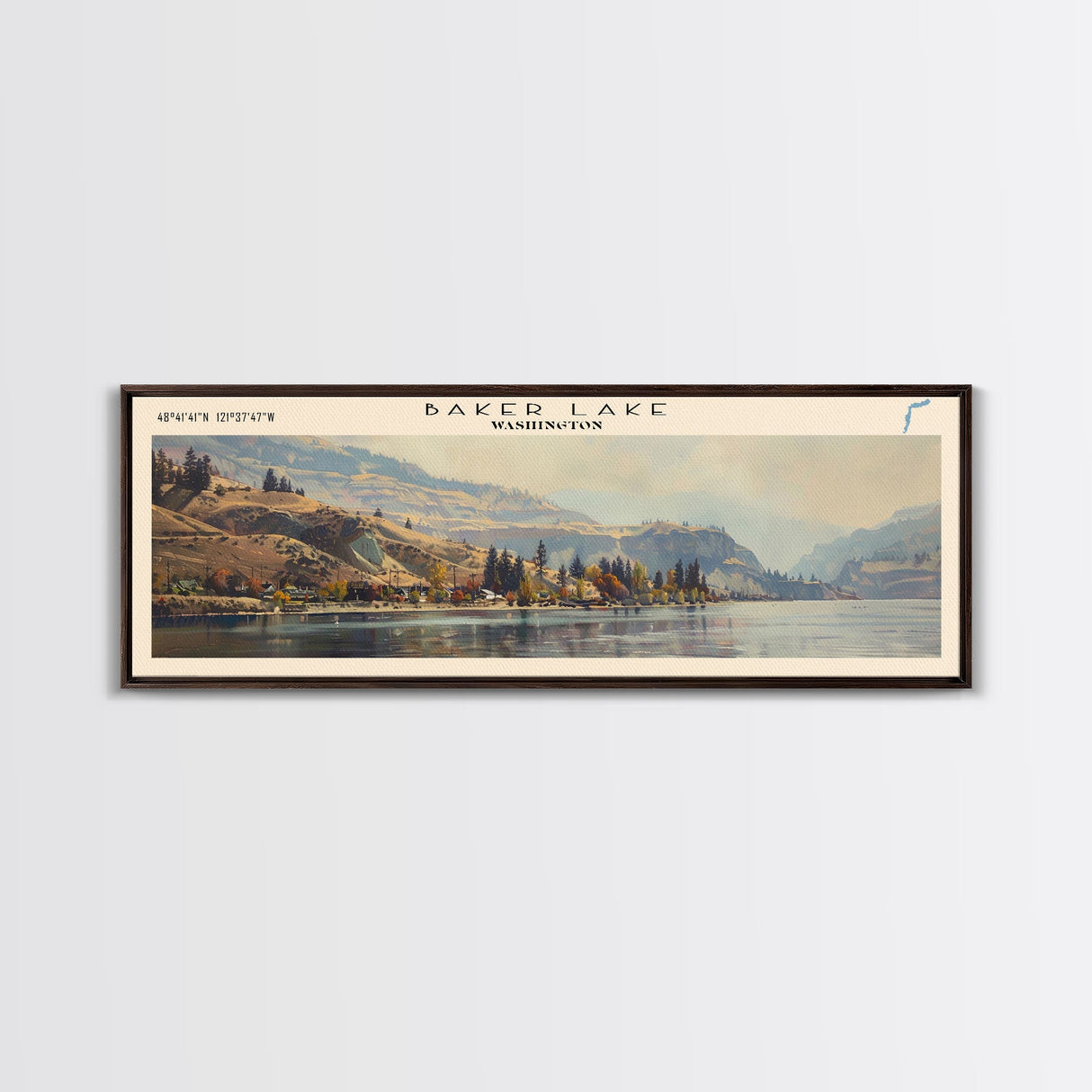 Baker Lake Washington Panoramic Framed Canvas Print, Lake House Art, Boho Decor, Travel Poster, Nature Wall Art, Serene Scene