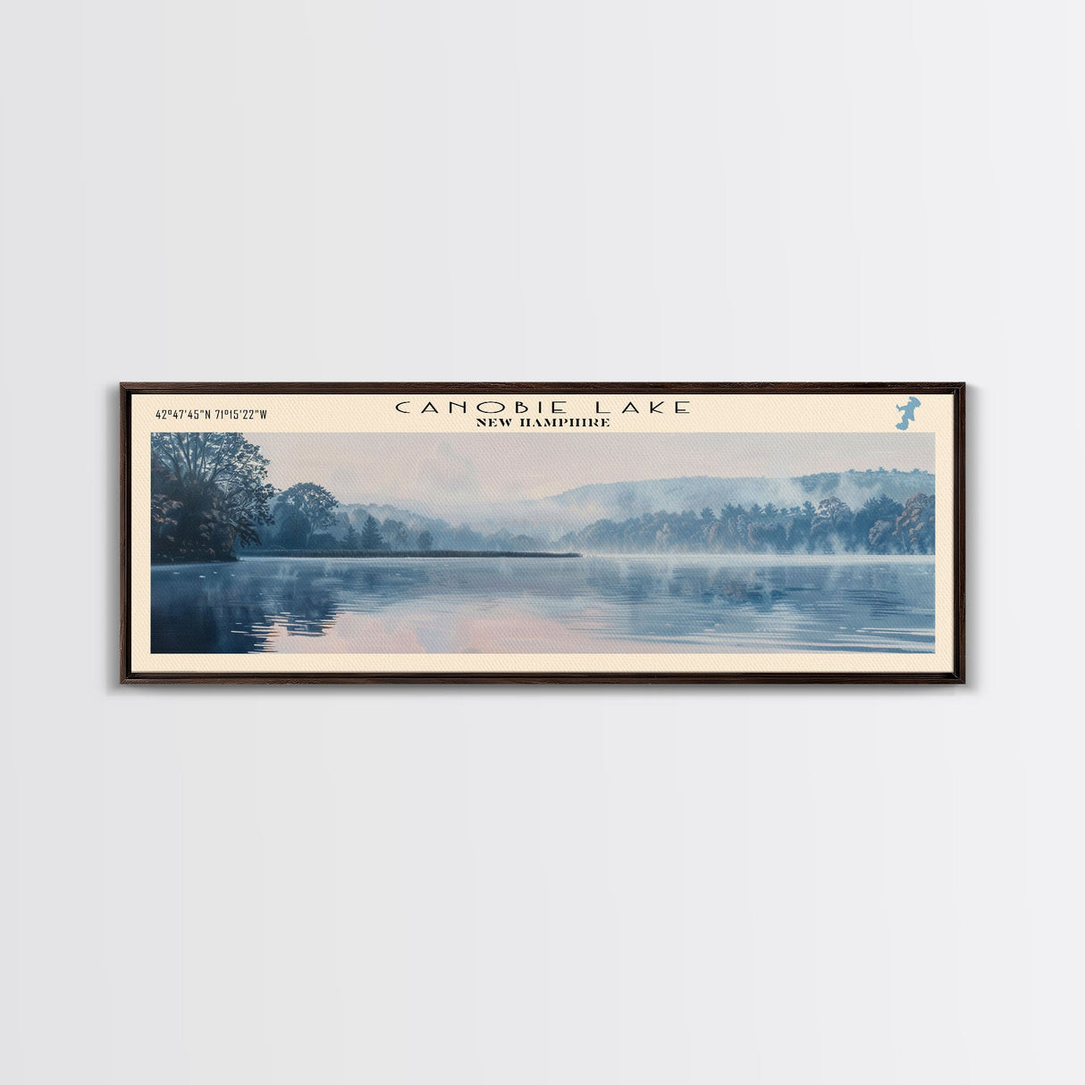 Canobie Lake New Hampshire Framed Canvas Print, Panoramic Lake House Art, Wall Art, Travel Poster, Modern Lake Painting, Nature Art