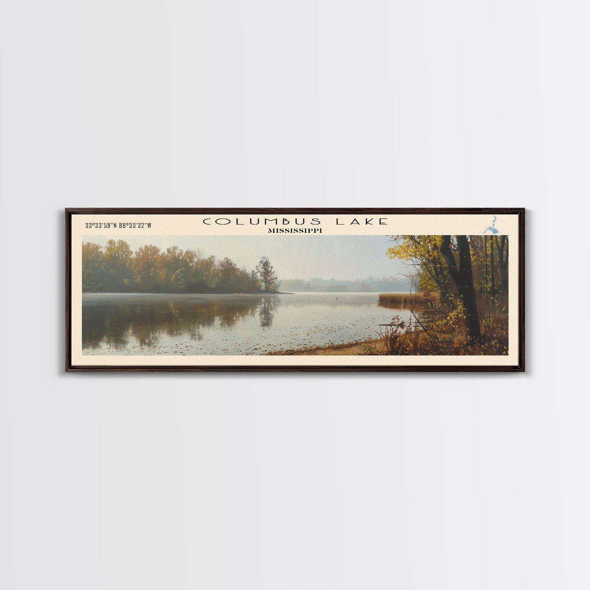 Columbus Lake Mississippi Framed Canvas Print, Panoramic Lake House Decor, Wide Wall Art, Travel Poster, Rustic Lake Painting, Nature Art