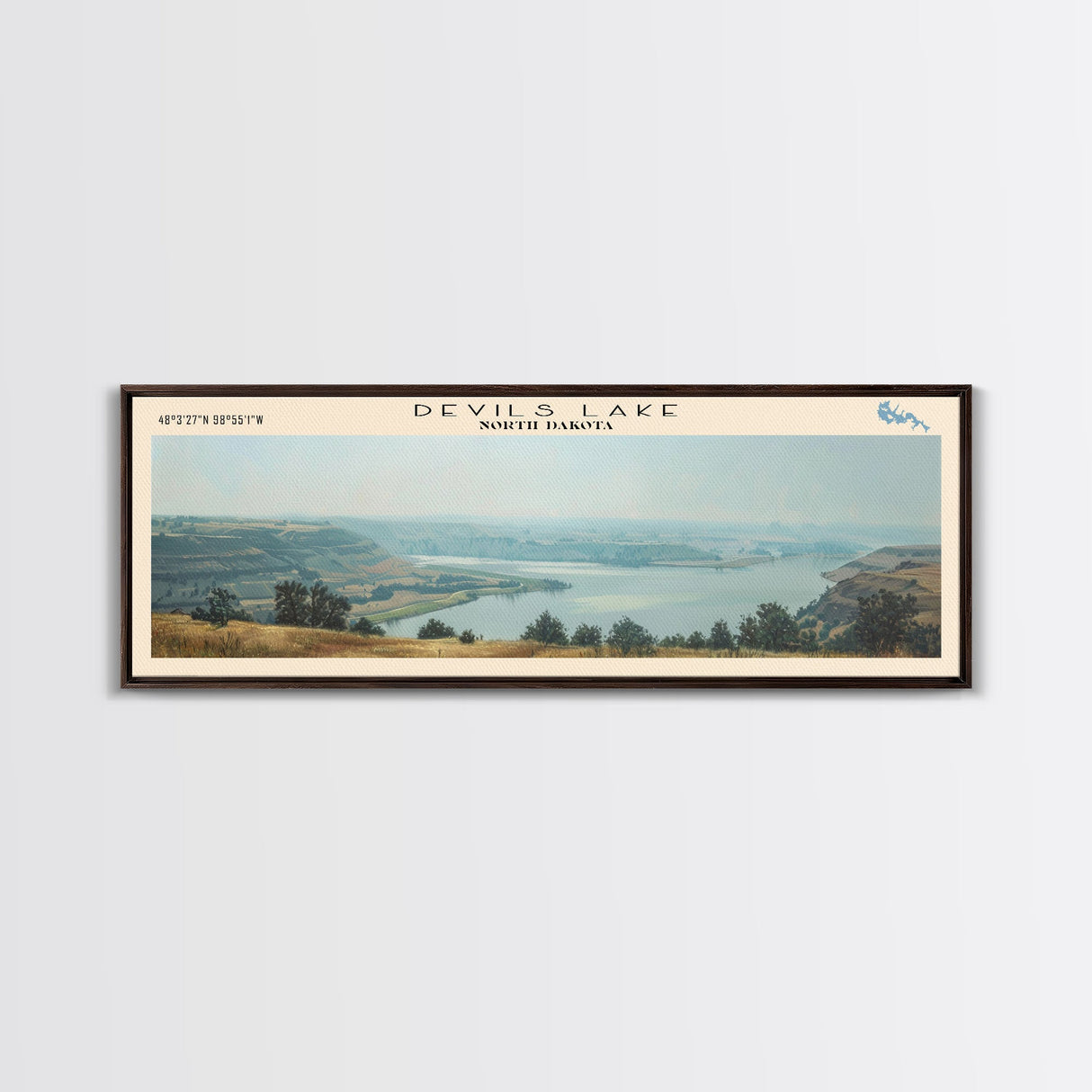 Devils Lake North Dakota Framed Canvas Print, Lake House Art, Panoramic Travel Poster, Wall Art, Modern Lake Painting, Home Decor