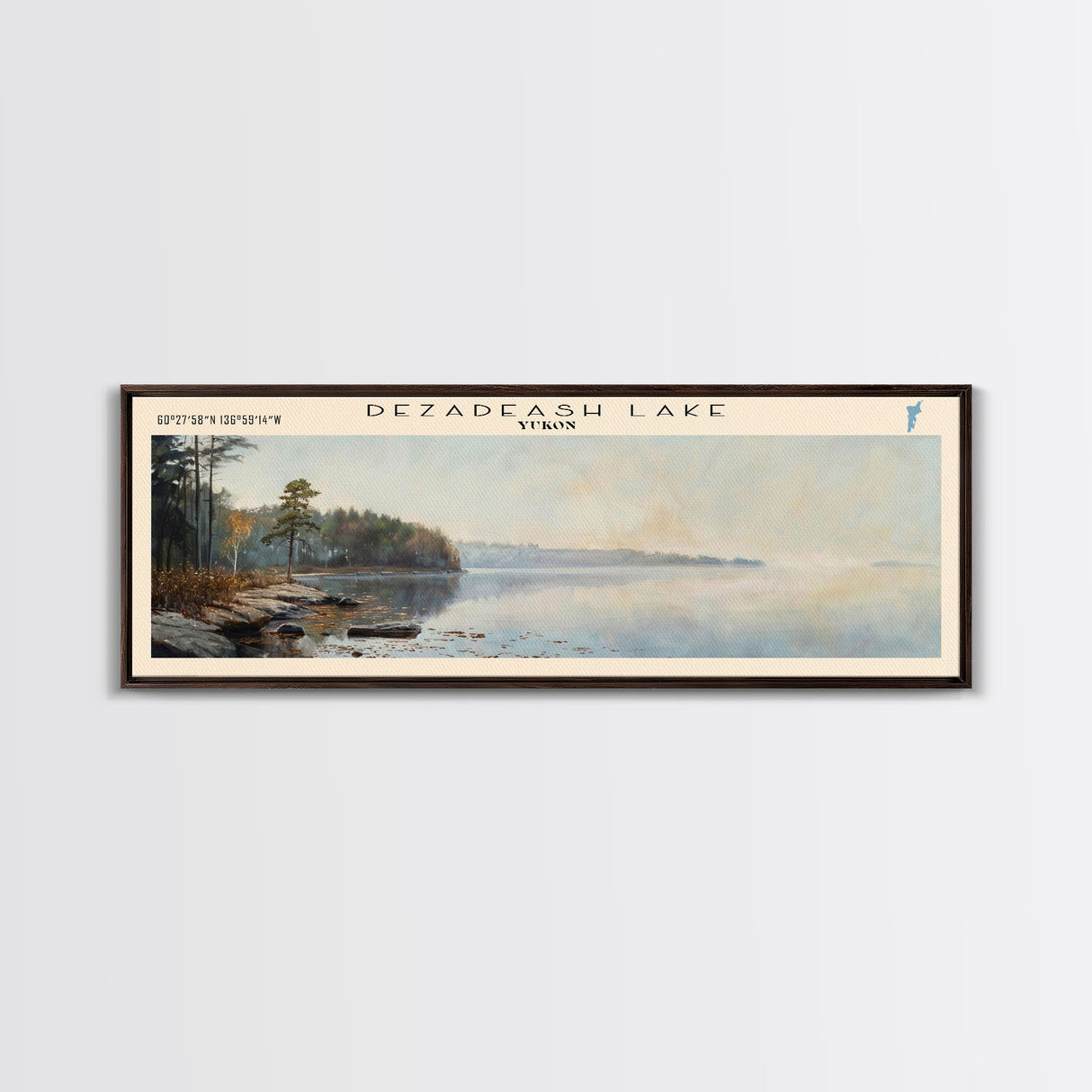 Dezadeash Lake Framed Canvas Print, Panoramic Lake House Decor, Wall Art, Travel Poster, Rustic Lake Painting, Nature Art