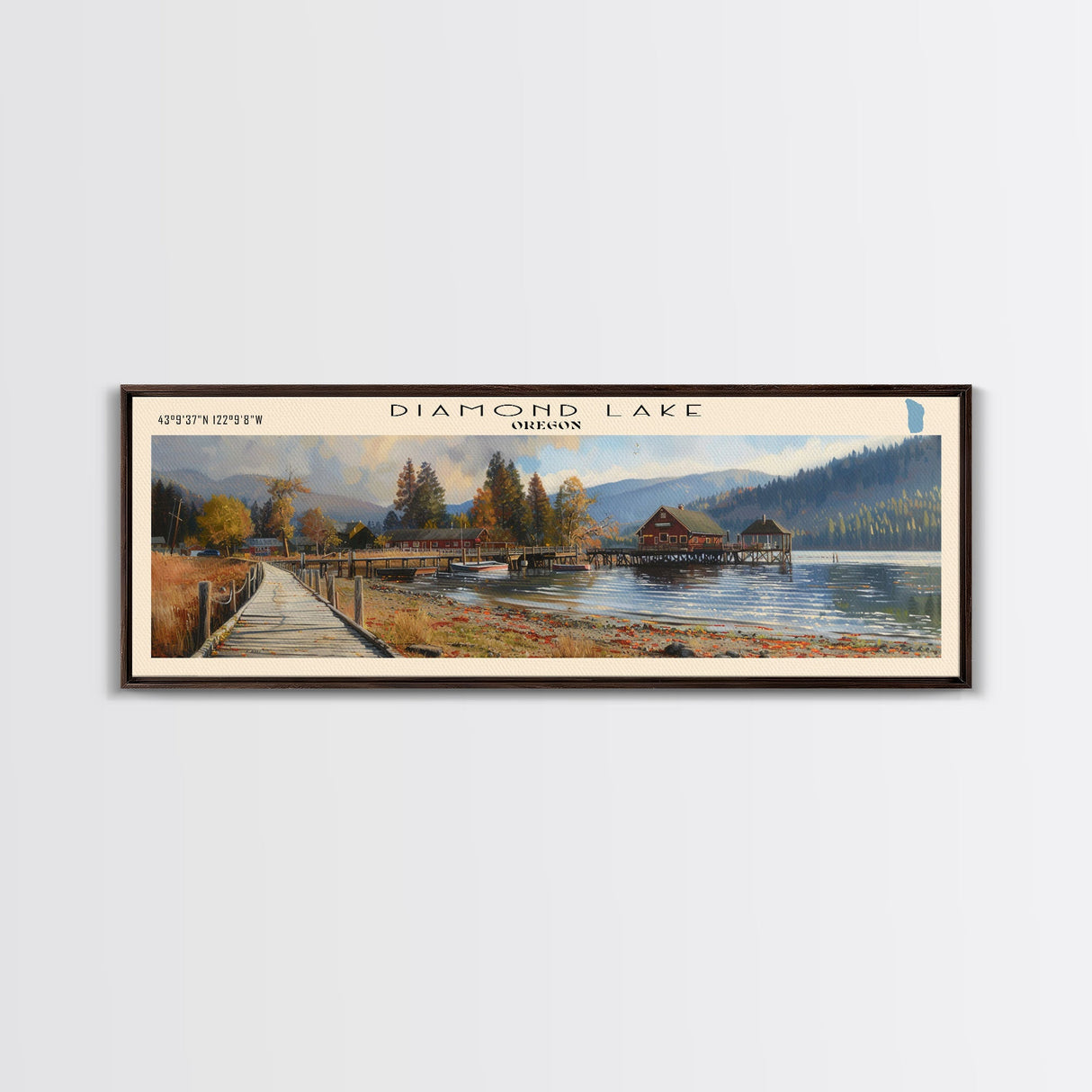 Diamond Lake Oregon Framed Canvas Print, Lake House Art, Panoramic Wall Art, Travel Poster, Modern Lake Painting, Home Decor