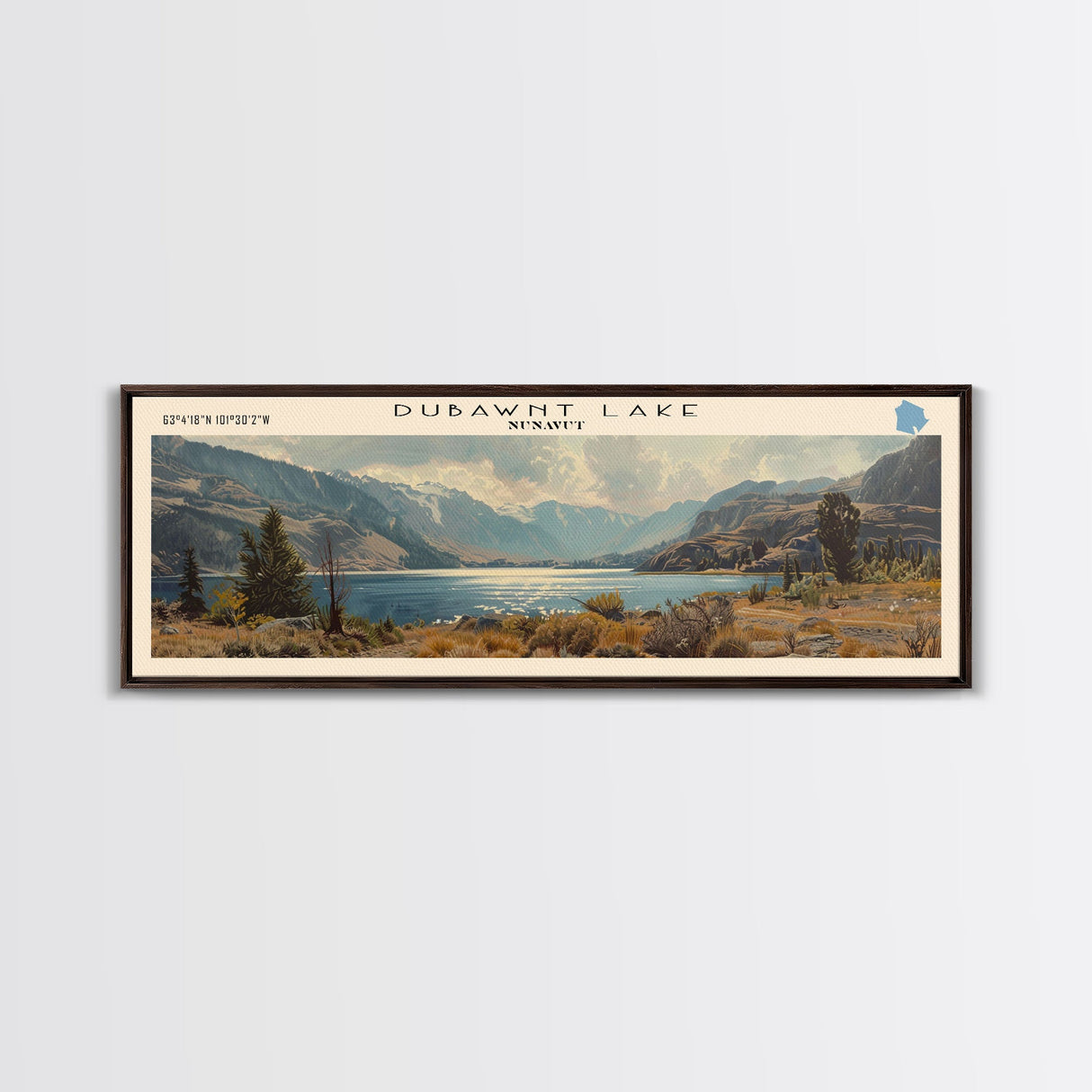 Dubawnt Lake Panoramic Framed Canvas Print, Lake House Decor, Wall Art, Travel Poster, Modern Lake Painting, Nature Art