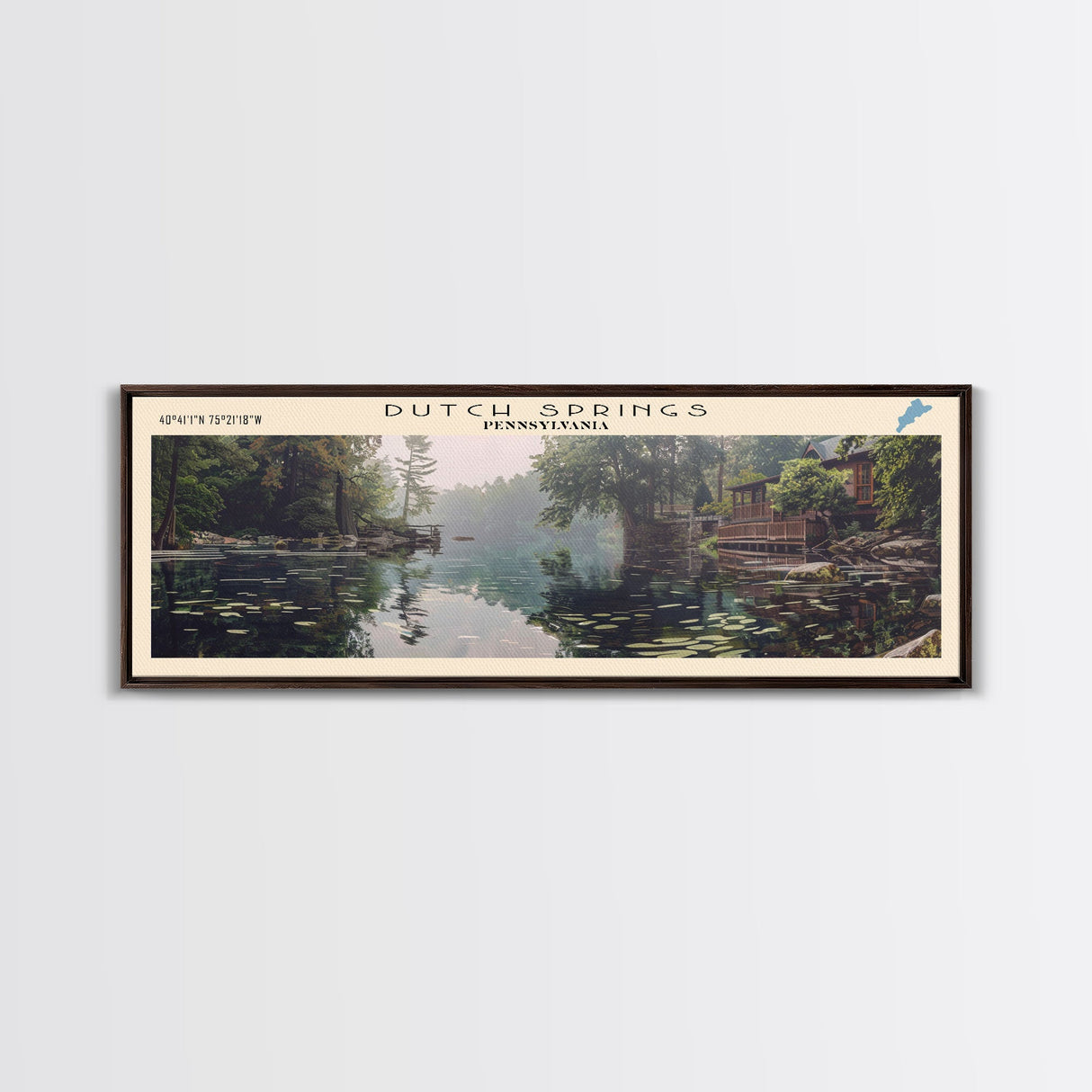 Dutch Springs Pennsylvania Framed Canvas Print, Lake House Art, Panoramic Wall Art, Travel Poster, Rustic Lake Painting, Home Decor