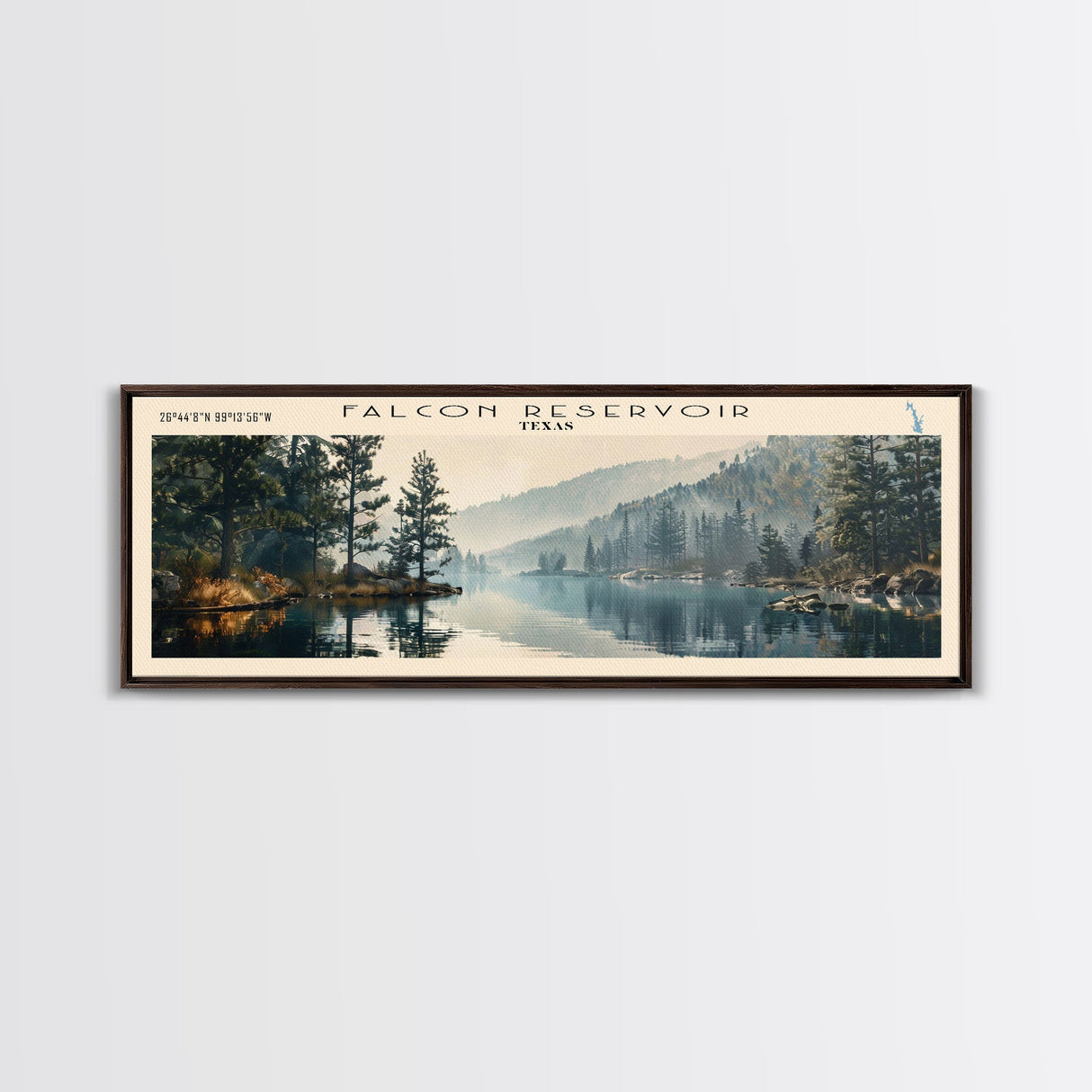 Falcon International Reservoir Framed Canvas Print, Lake House Decor, Panoramic Wall Art, Travel Poster, Modern Lake Painting, Nature Art