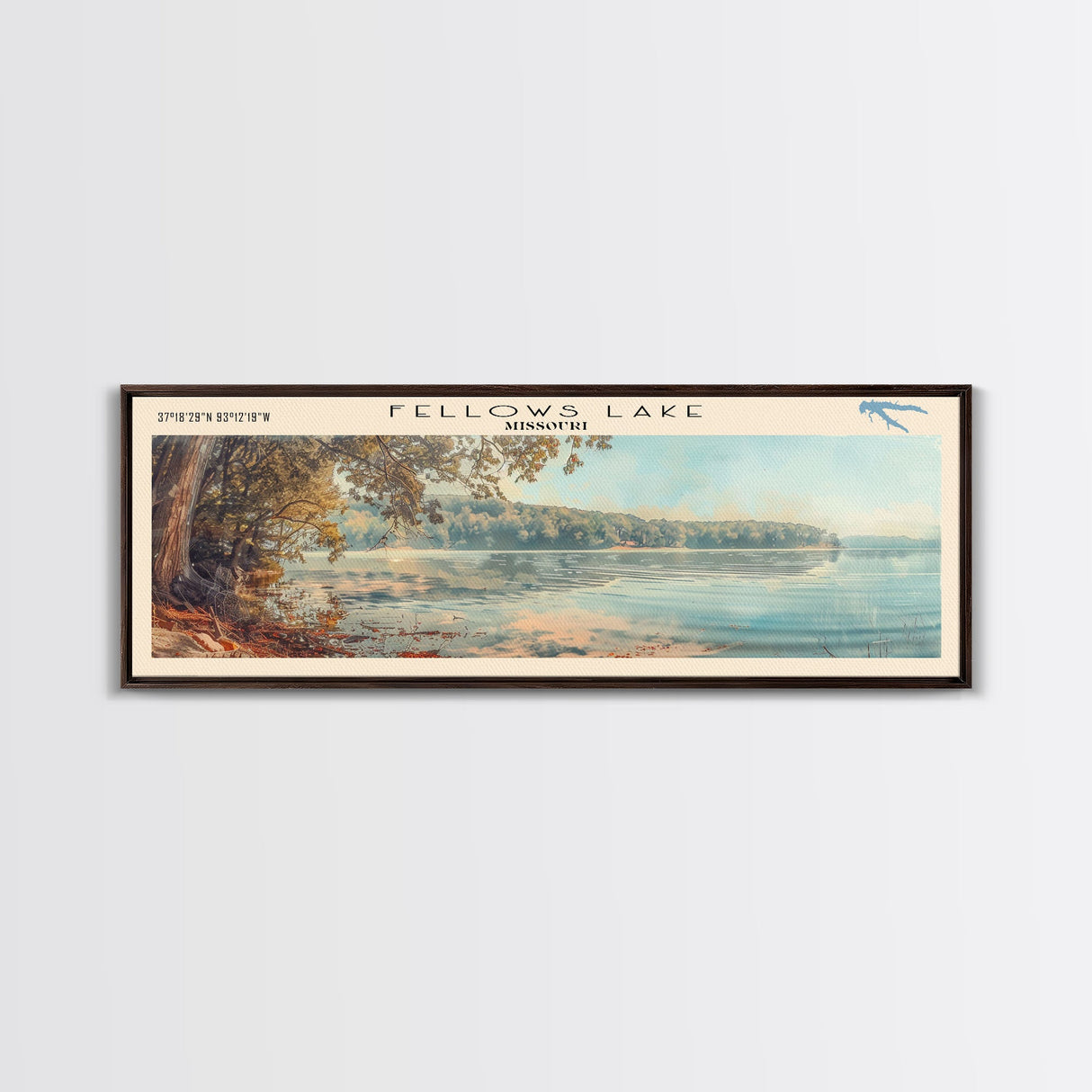 Fellows Lake Missouri Framed Canvas Print, Lake House Decor, Panoramic Wall Art, Travel Poster, Rustic Lake Painting, Home Decor