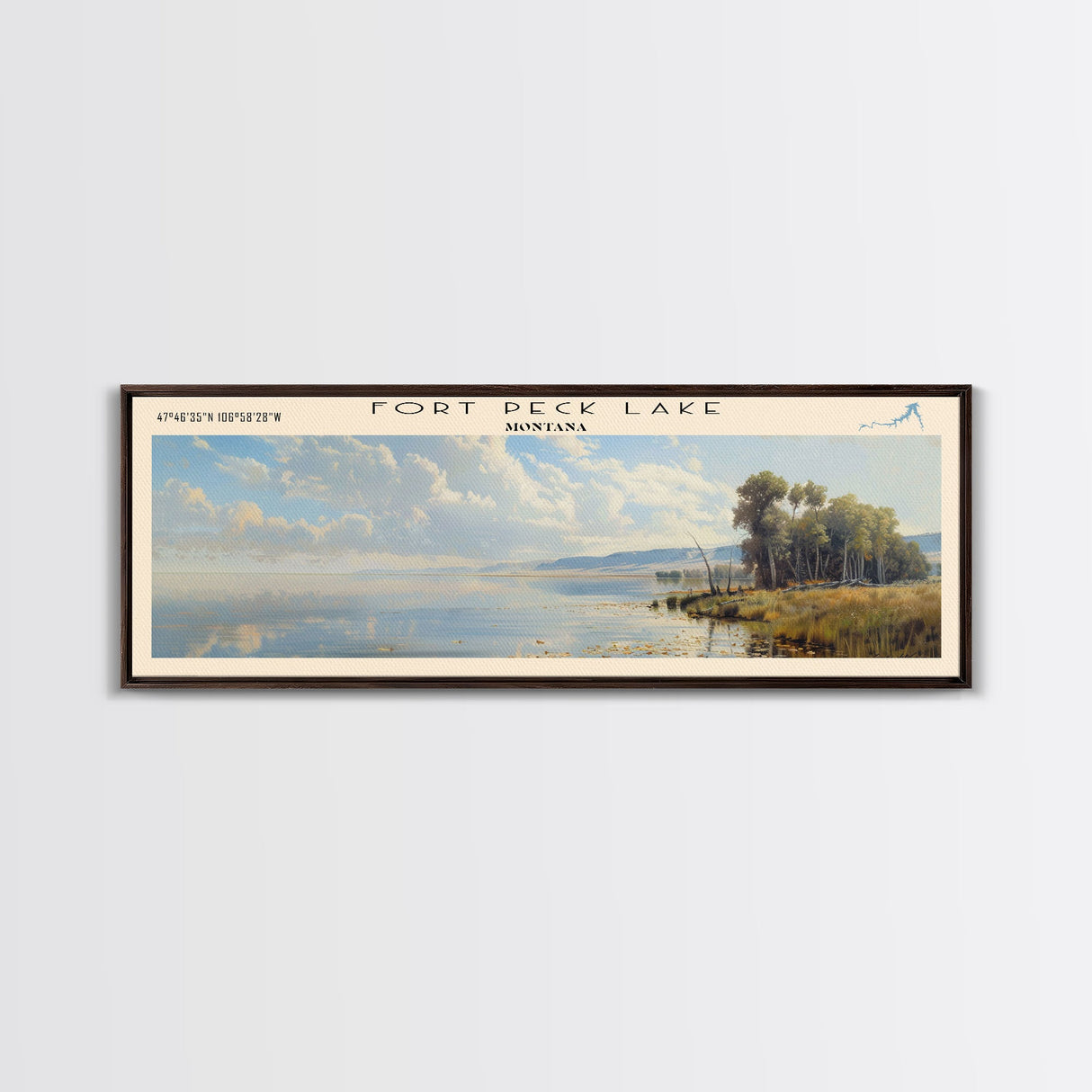 Fort Peck Lake Montana Framed Canvas Print, Lake House Art, Panoramic Wall Art, Travel Poster, Serene Lake Painting, Home Decor