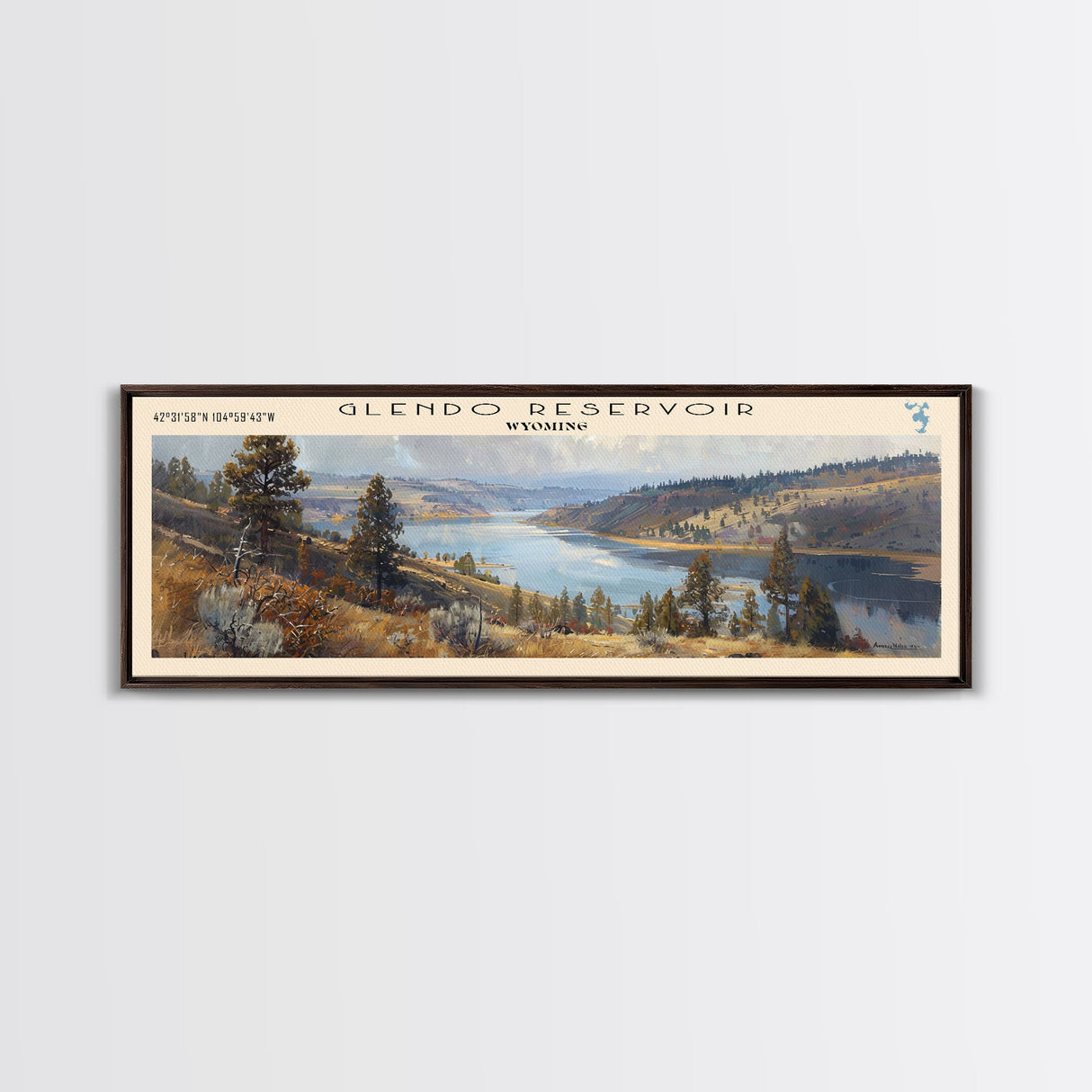 Glendo Reservoir Wyoming Framed Canvas Print, Panoramic Lake House Decor, Wall Art, Travel Poster, Beautiful Lake Painting, Nature Art