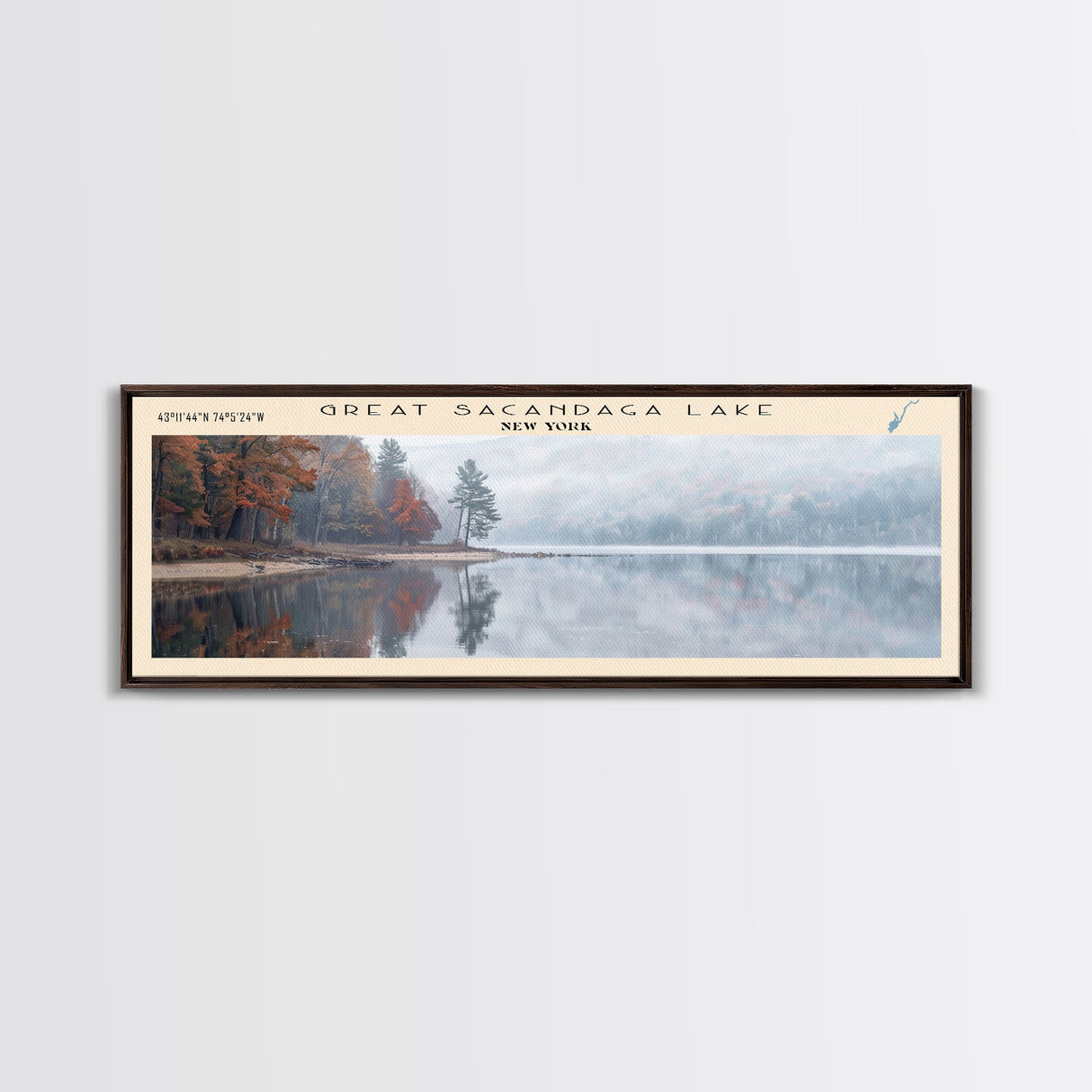 Great Sacandaga Lake Framed Canvas Print, Lake House Art, Panoramic Wall Art, Travel Poster, Serene Lake Painting, Home Decor