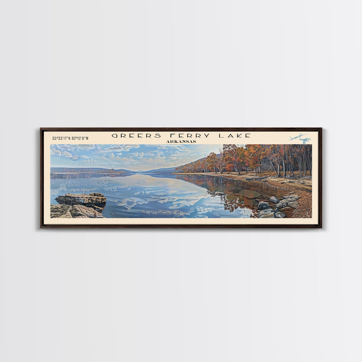 Greers Ferry Lake Arkansas Framed Canvas Print, Panoramic Lake House Decor, Wall Art, Travel Poster, Beautiful Lake Painting, Nature Art