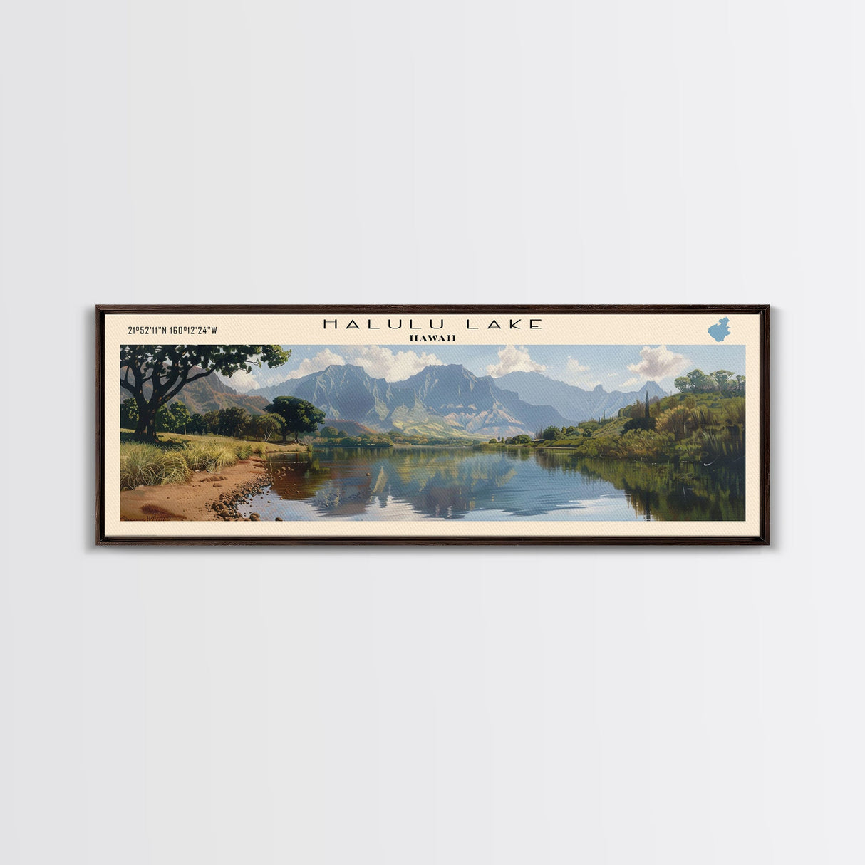 Halulu Lake Hawaii Framed Canvas Print, Lake House Art, Panoramic Wall Art, Travel Poster, Beautiful Lake Painting, Home Decor