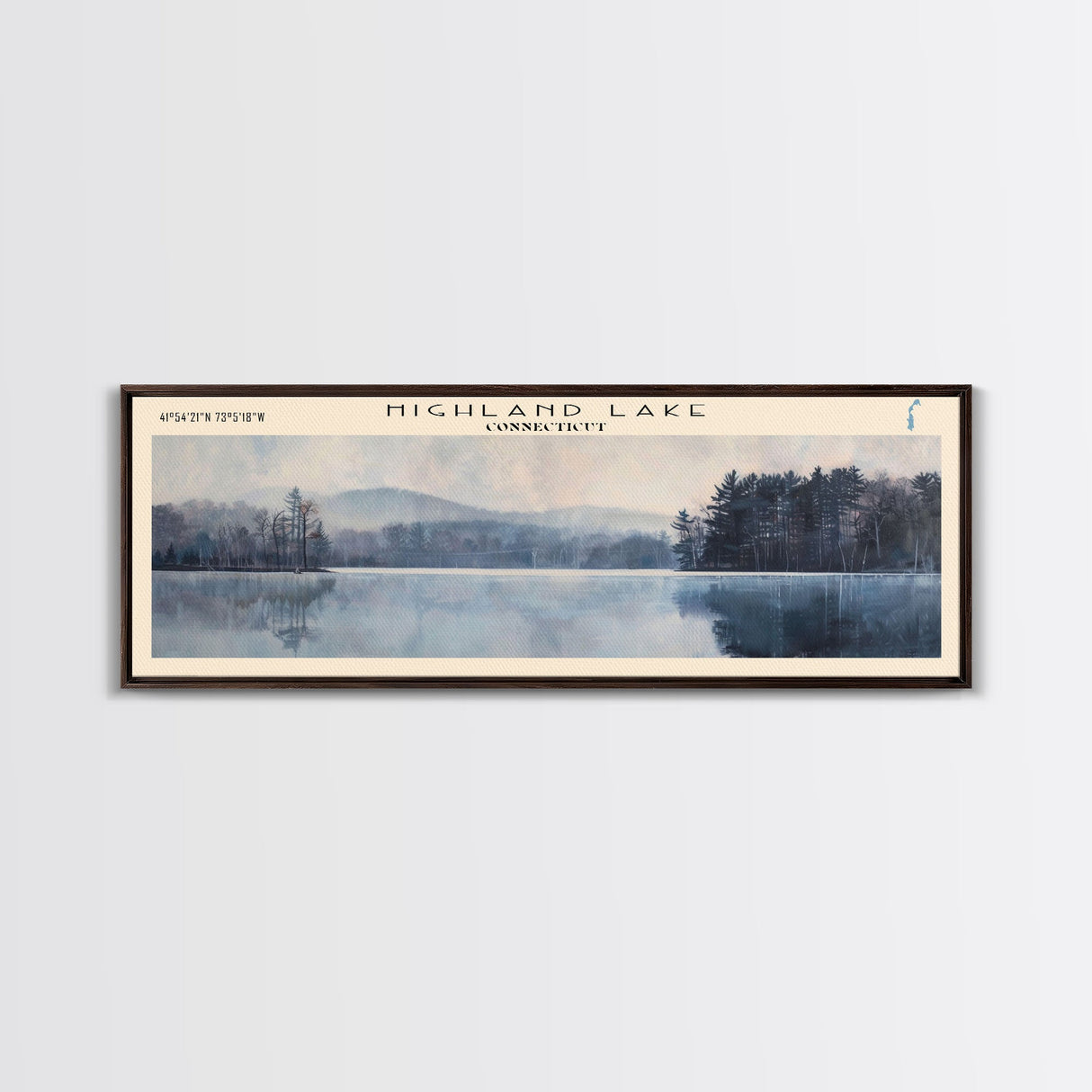 Highland Lake Connecticut Framed Canvas Print, Lake House Art, Panoramic Wall Art, Travel Poster, Scenic Lake Painting, Home Decor