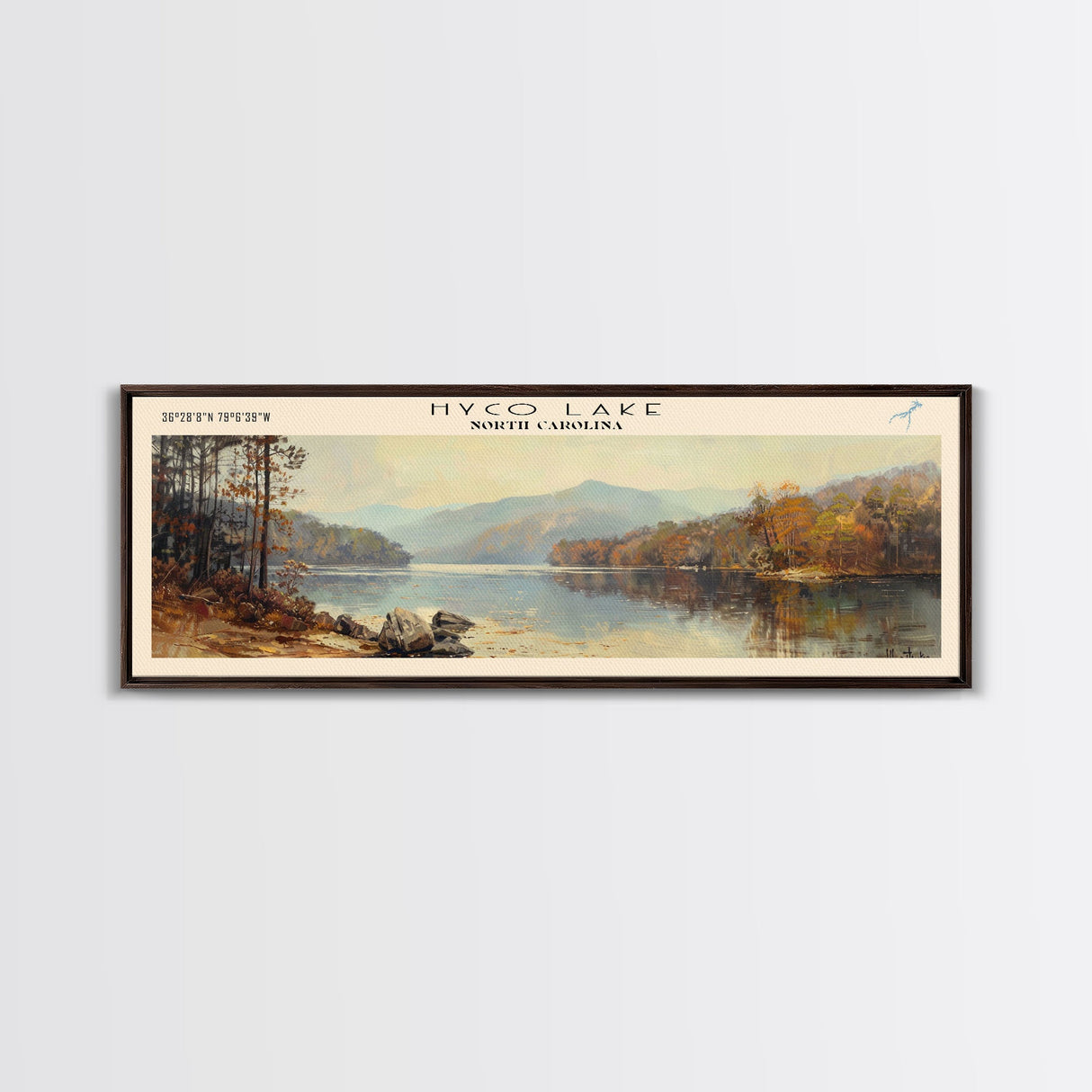 Hyco Lake North Carolina Framed Canvas Print, Lake House Art, Panoramic Wall Art, Travel Poster, Scenic Lake Painting, Home Decor